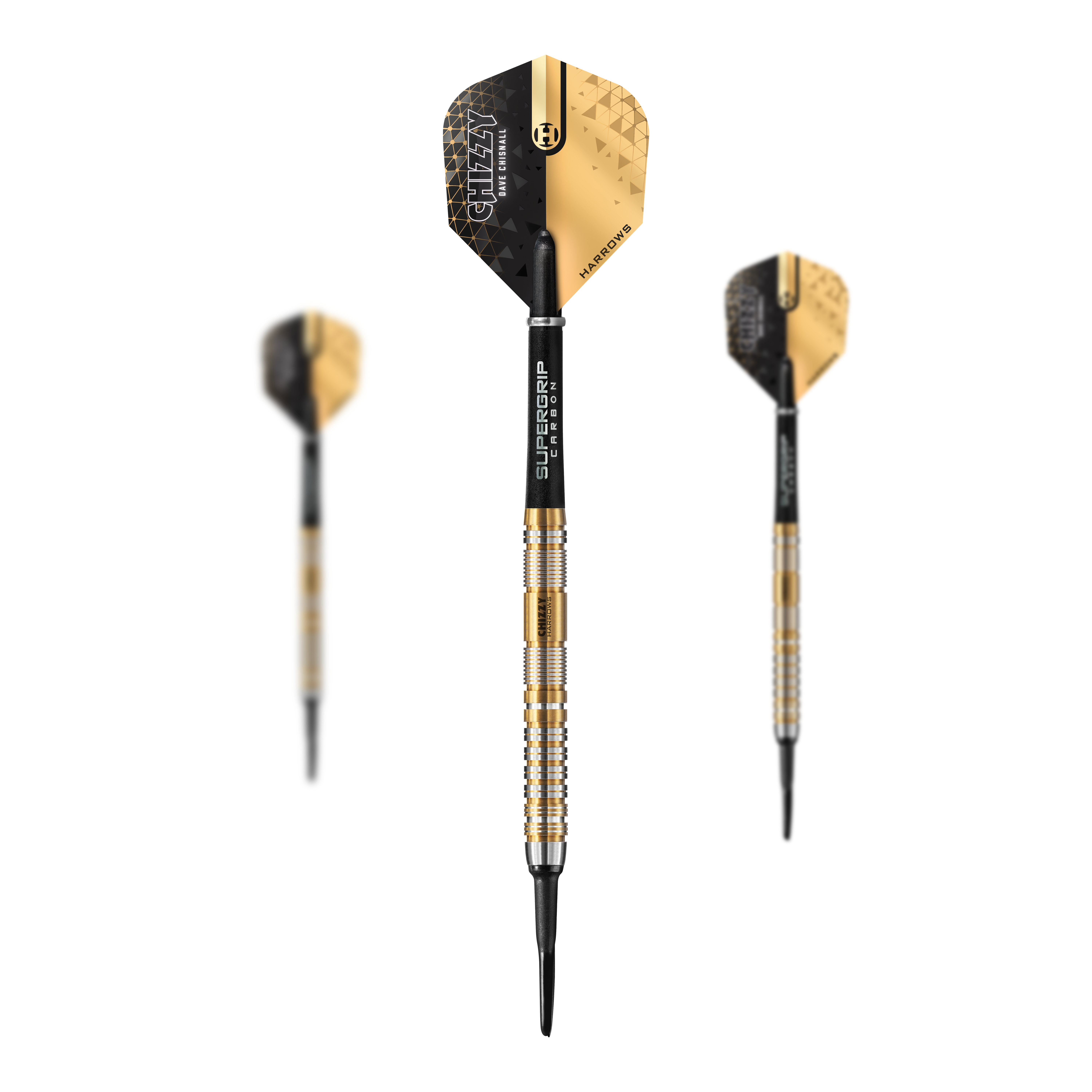 Harrow's Dave Chisnall Chizzy Series 2 soft darts Das Bild zeigt drei Softdarts der Marke "Harrows Dave Chisnall Chizzy Series 2" mit gold-schwarzem Design. Die Darts haben schwarze Flights und silber-goldene Griffe mit schwarzer Spitze.
