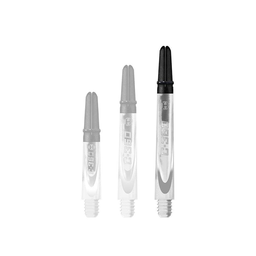 HR448_Harrows_Carbon_360_Shafts_Clear_49mm_1 Das Bild zeigt drei durchsichtige Dartschäfte mit schwarzem oberen Ende. Sie sind unterschiedlich lang und tragen die Aufschrift "C.360".