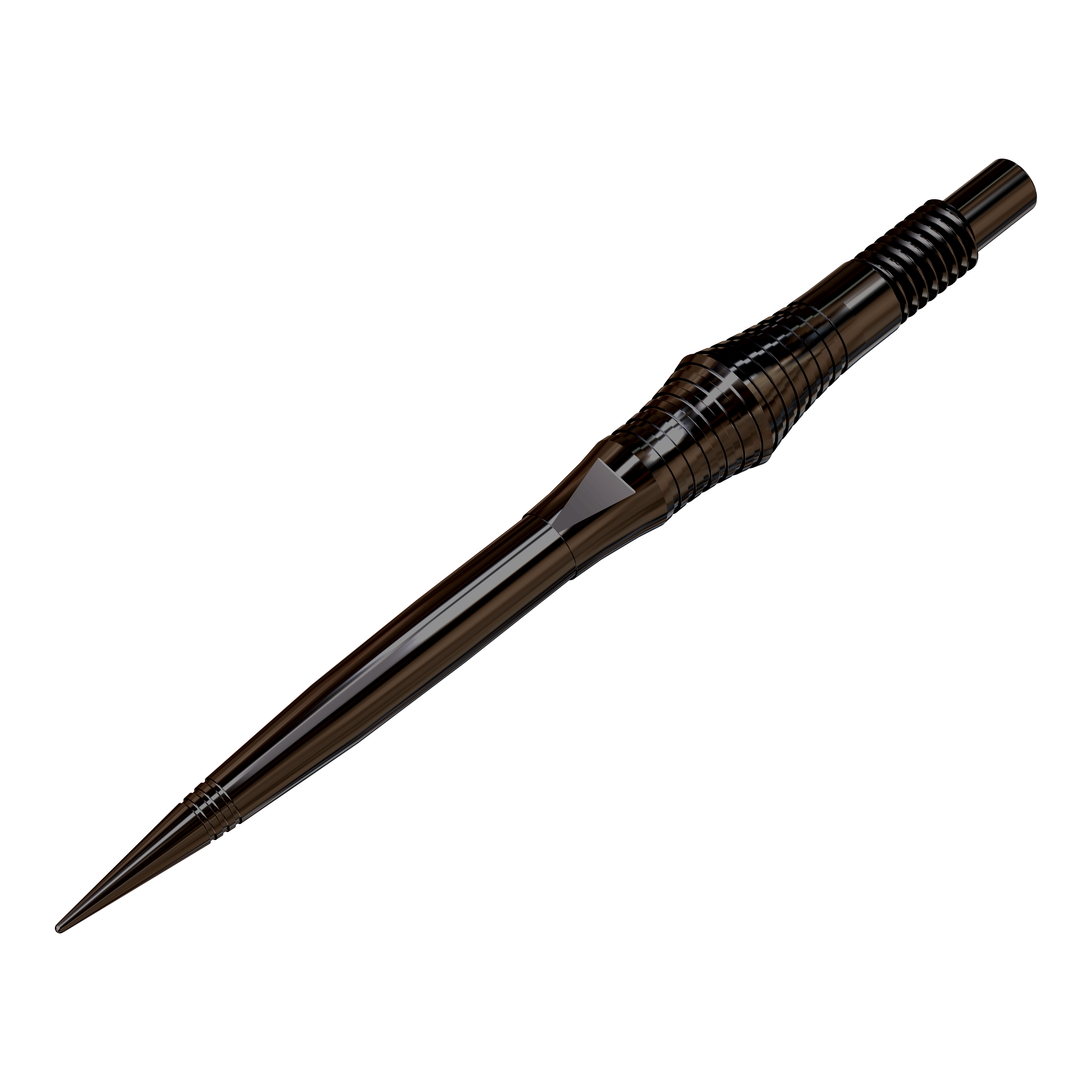 Harrows Quick Point Spire Elite Series Dart Tips - Black Zu sehen sind schwarze Dartspitzen, die auf einer ebenen Fläche ausgebreitet sind. Die Spitzen werden aus einer leicht schrägen Perspektive präsentiert.