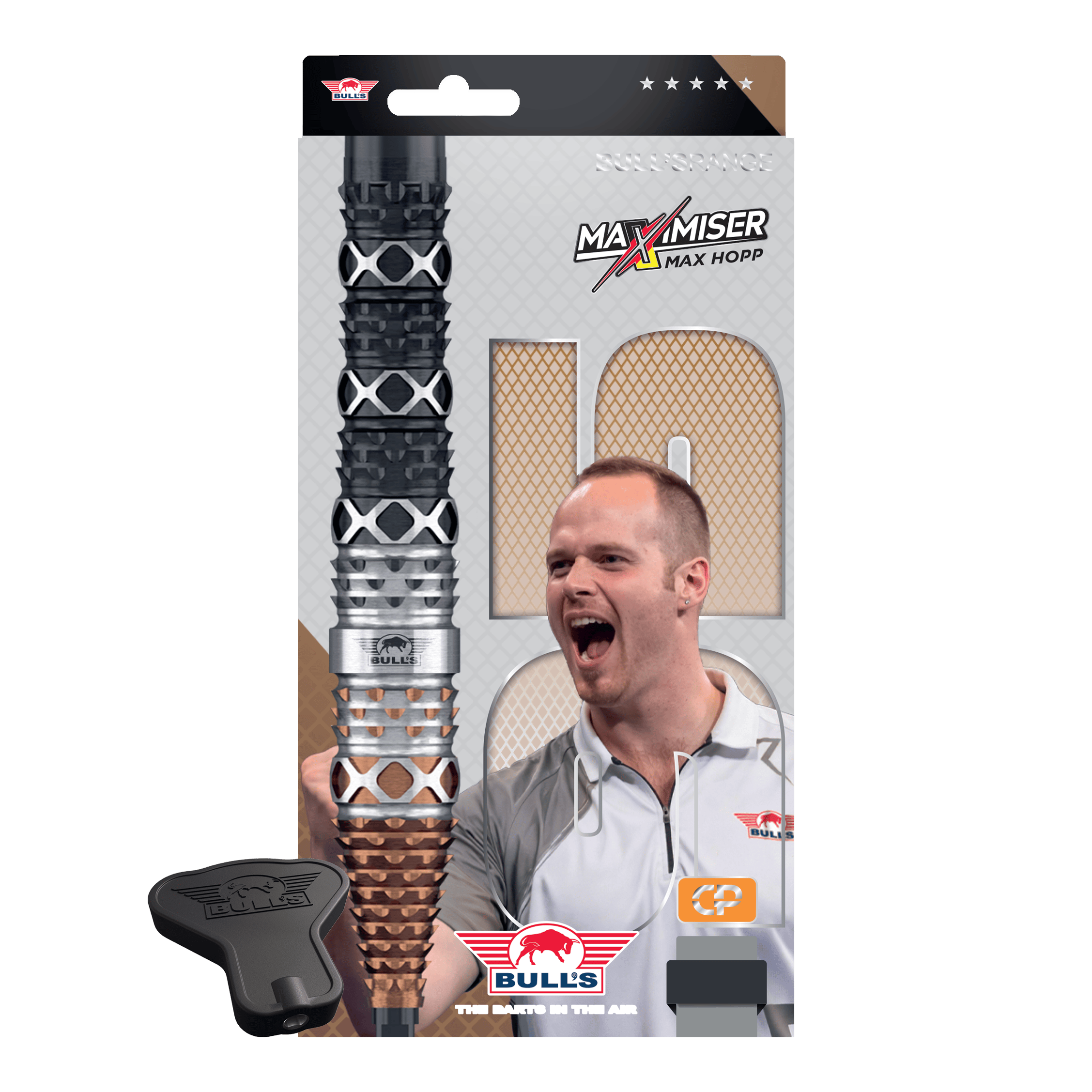 Bulls NL Max Hopp 95% Convertible Points Steeldarts Abbildung der Bulls NL Max Hopp 95% Convertible Points Steeldarts. Die Darts sind detailreich gezeigt und richten sich an Dart-Enthusiasten.