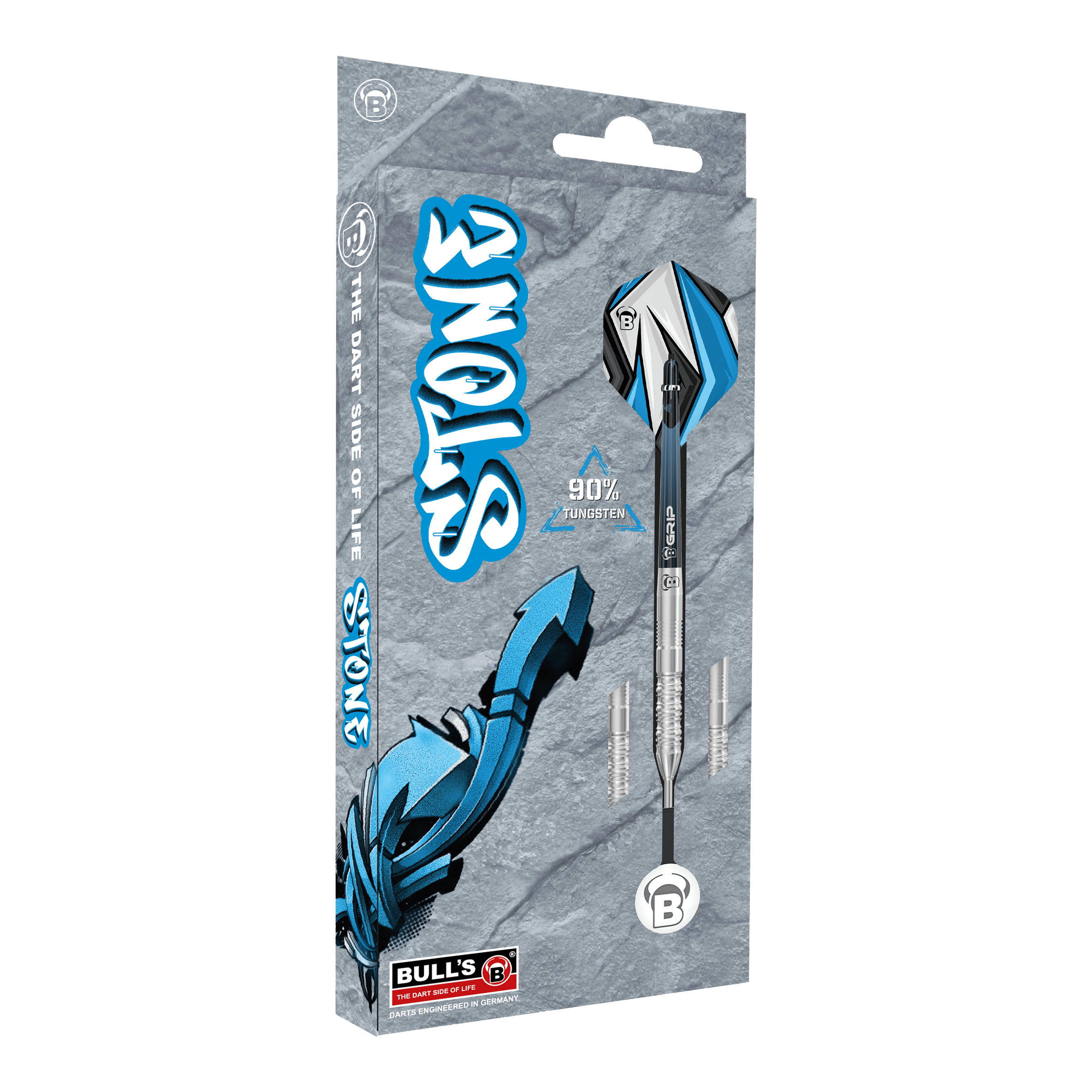 Bulls Stone S3 Steeldarts Die Abbildung zeigt die Verpackung der Bulls Stone S3 Steeldarts. Die Darts bestehen zu 90 % aus Tungsten und haben ein modernes Design in Blau und Silber.