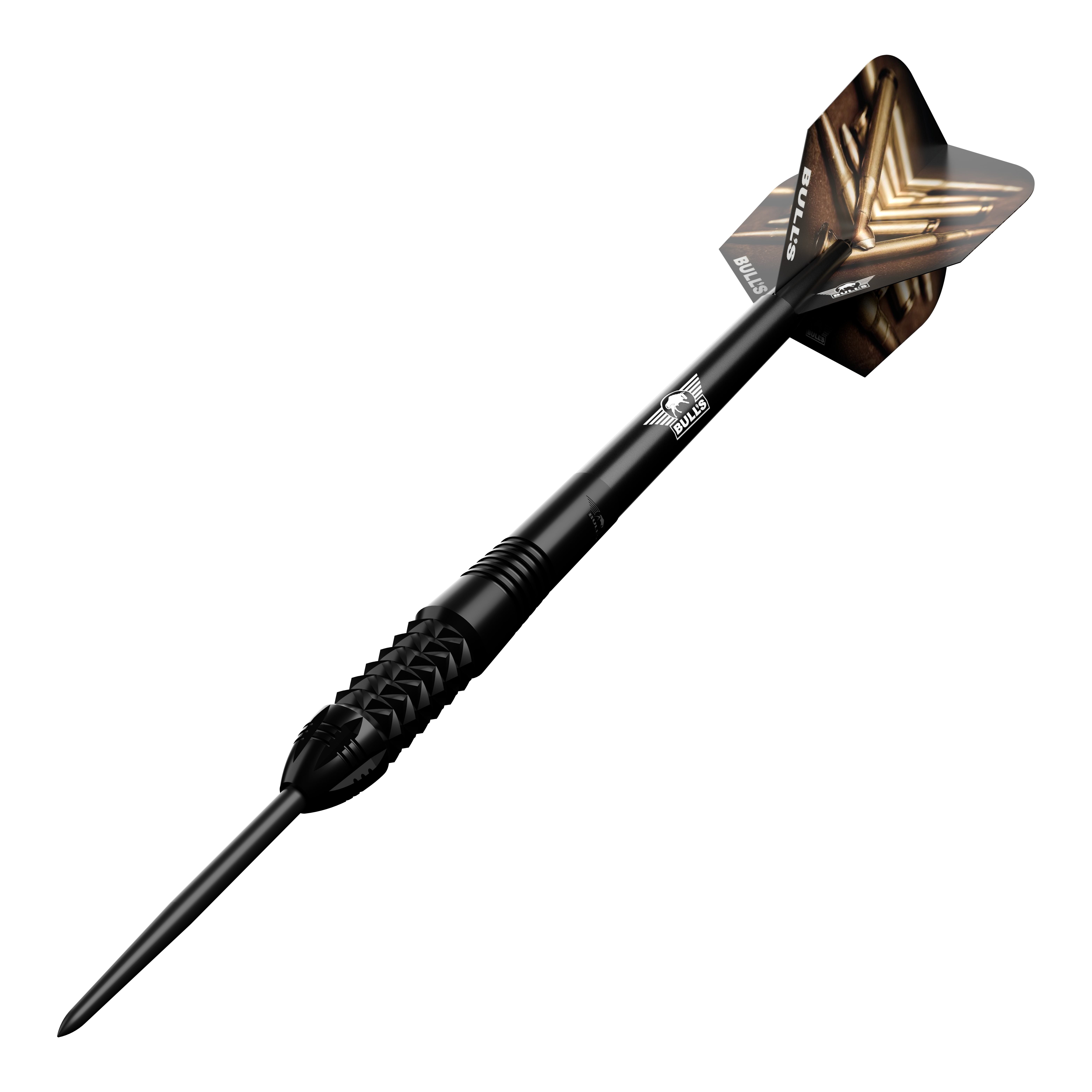Bulls NL Caliber Black steel darts Dieses Bild zeigt den Bulls NL Caliber Black Steeldart. Der Dartpfeil ist schwarz und hat ein auffälliges Design auf den Flights.
