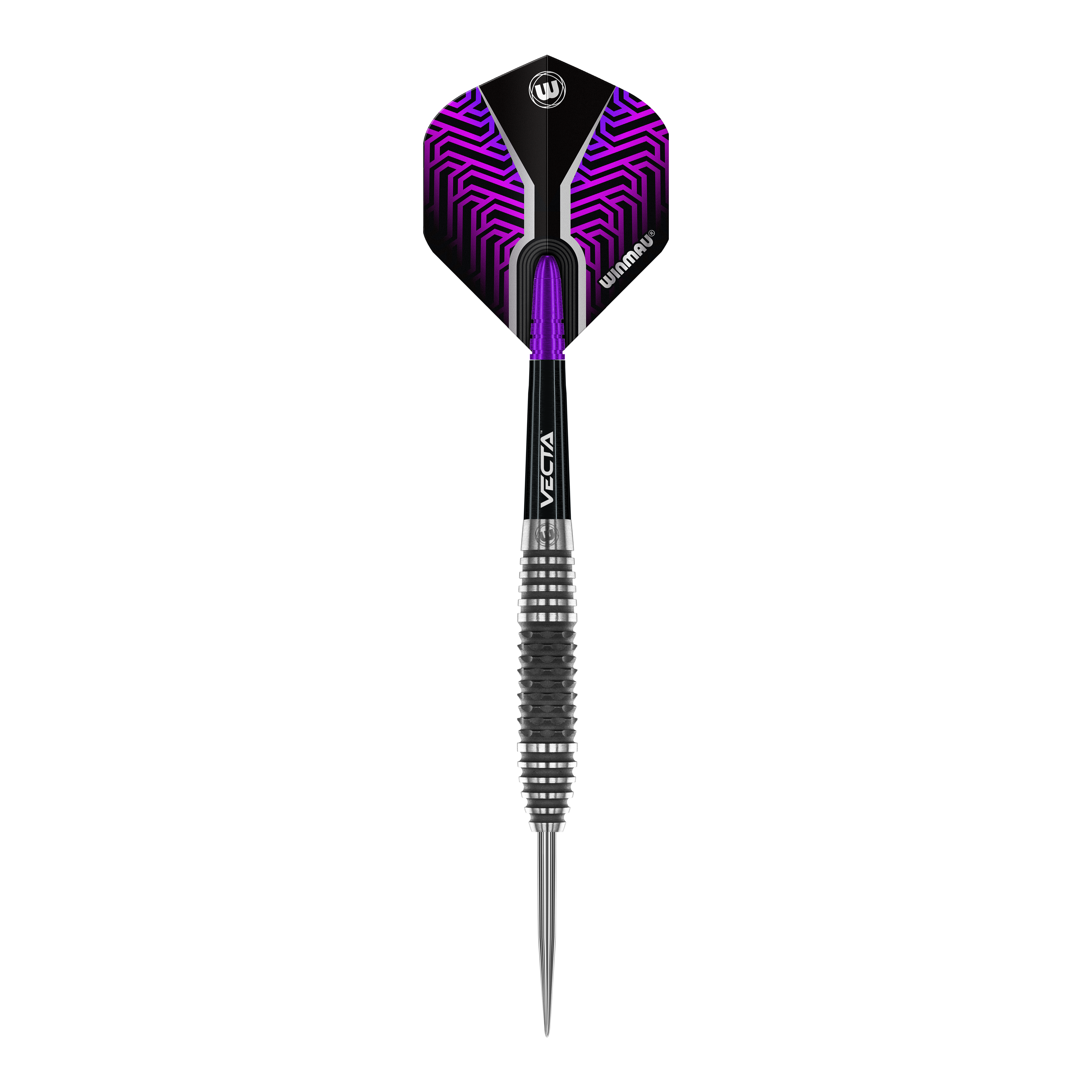 Winmau Kairos 01 Steeldarts Auf dem Bild ist ein Winmau Kairos 01 Steeldart zu sehen. Der Dartpfeil hat ein modernes Design mit schwarzem und lila Muster am Flight.