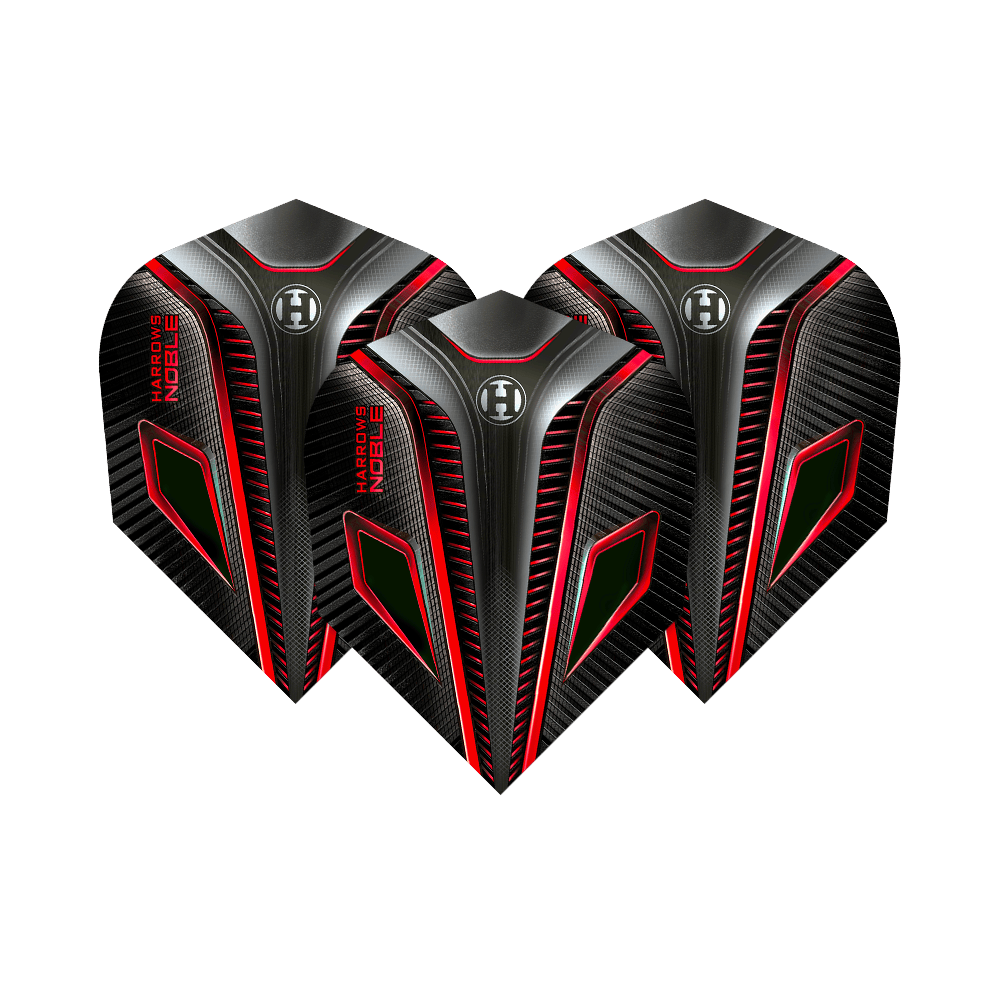 HR6_Harrows_Noble_Red_Standard_Flights_1gwtaicXWTQLK4 Das Bild zeigt drei Harrows Noble Red Standard Flights für Dartpfeile. Sie sind schwarz mit roten und silbernen Akzenten und einem modernen, futuristischen Design.