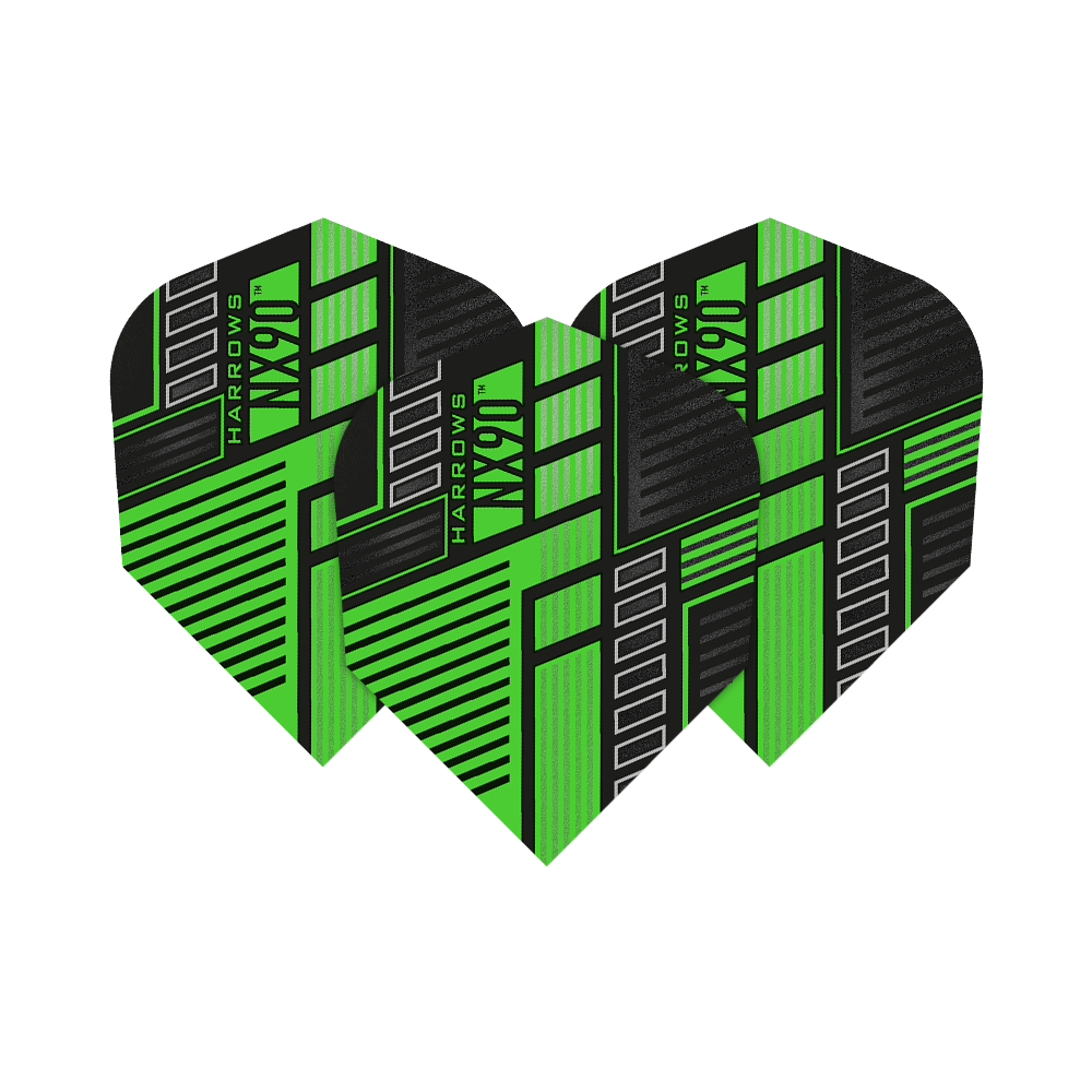 HR49_Harrows_Prime_NX90_Green_No6_Flights_15Ob7XLR5S1qp0 Das Bild zeigt drei Dartflights des Produkts "Harrows Prime NX90 Green". Die Flights sind in einem auffälligen grünen und schwarzen Design mit geometrischen Mustern gestaltet.