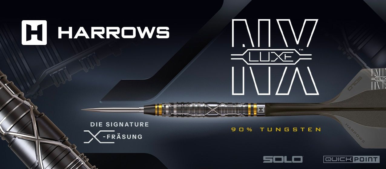 Das Bild zeigt eine Packung Harrows NXLuxe Darts. Es sind mehrere Dartpfeile und das Logo der Marke zu sehen.