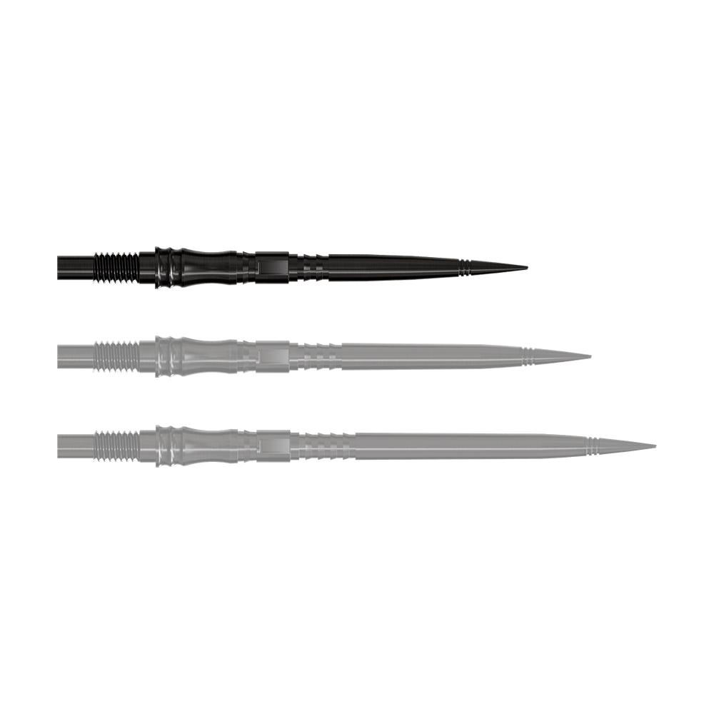 Harrows Quick Point Apex Axis Elite Series Dartspitzen - Schwarz Apex Axis Black Elite Serie Dartspitzen in 30mm werden gezeigt. Die Spitzen sind schmal und schwarz.
