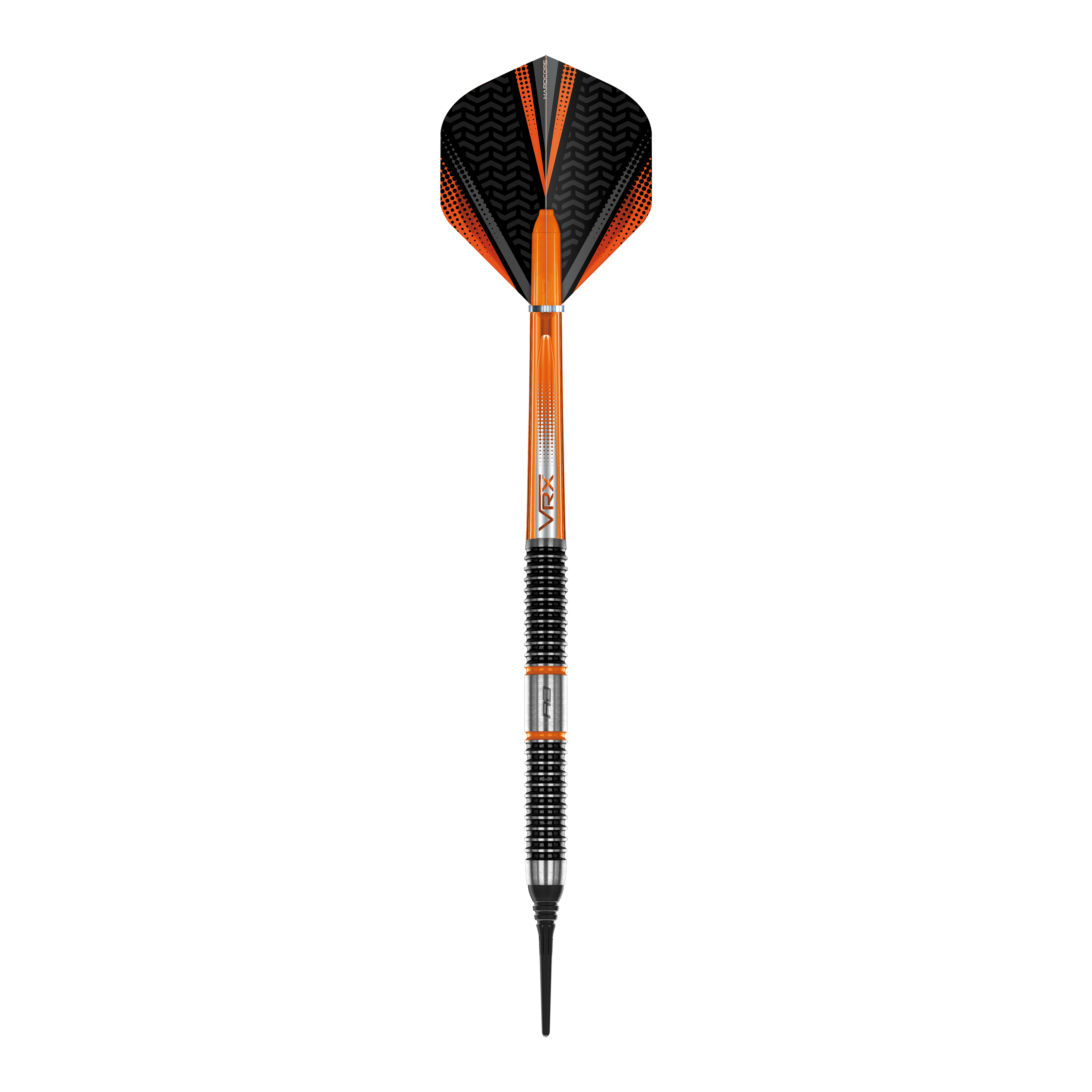 Red Dragon Amberjack 18 soft darts - 20g Das Bild zeigt einen Softdart aus der Serie "Red Dragon Amberjack 18" mit einem Gewicht von 20 Gramm. Der Dart ist überwiegend schwarz und orange gefärbt und verfügt über einen geriffelten Griffbereich.