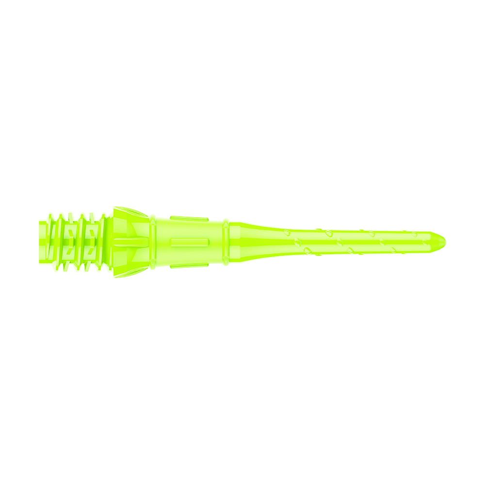 Das Bild zeigt eine neon-gelbe Dartspitze. Sie ist schmal, lang und hat ein geripptes Ende für den festen Halt im Dartbarrel.