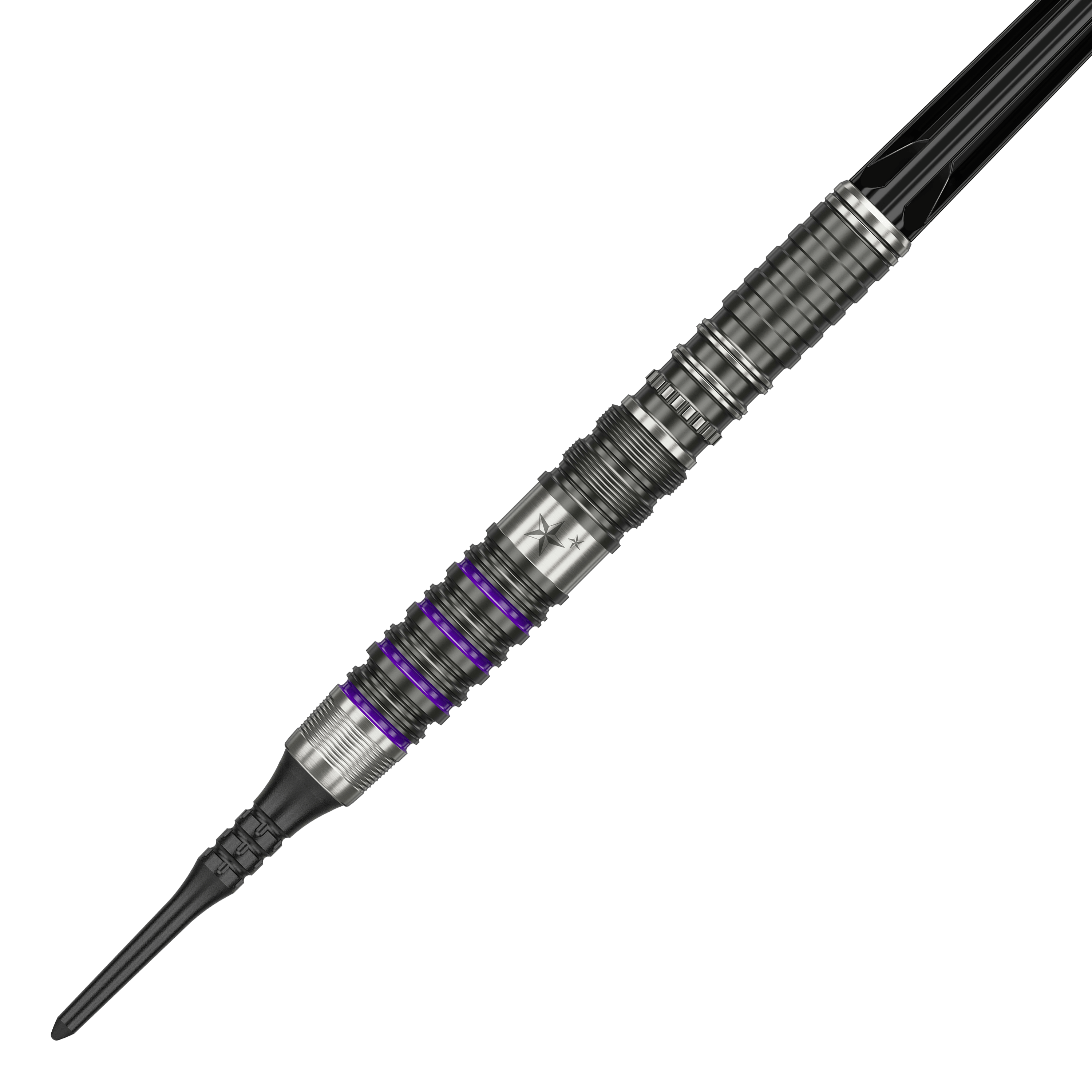Target Japan Prime Series Yuta Hayashi Sirius GEN3 MAX Soft Darts - 21.5g Dies ist ein Softdart aus der Target Japan Prime Series, Modell Yuta Hayashi Sirius GEN3 MAX mit 21,5g. Er besitzt ein silbernes Design mit feinen Rillen und lilafarbenen Akzenten.