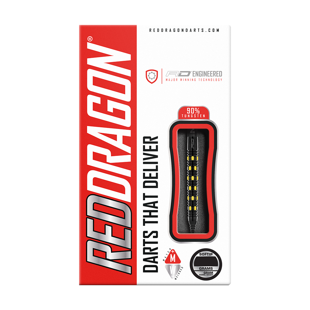 Die Verpackung zeigt die "Red Dragon Nirvana Softdarts - 20g" mit einem modernen Design. Die Darts bestehen aus 90% Tungsten und sind speziell für Softtip-Spiele geeignet.