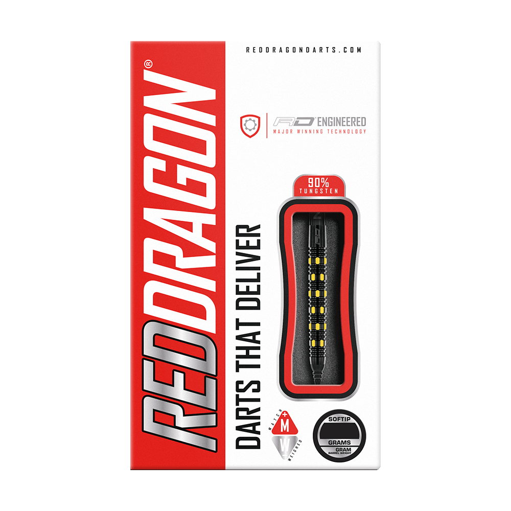 RD2386_Red_Dragon_Nirvana_Softdarts_3 Die Verpackung zeigt die "Red Dragon Nirvana Softdarts - 20g" mit einem modernen Design. Die Darts bestehen aus 90% Tungsten und sind speziell für Softtip-Spiele geeignet.