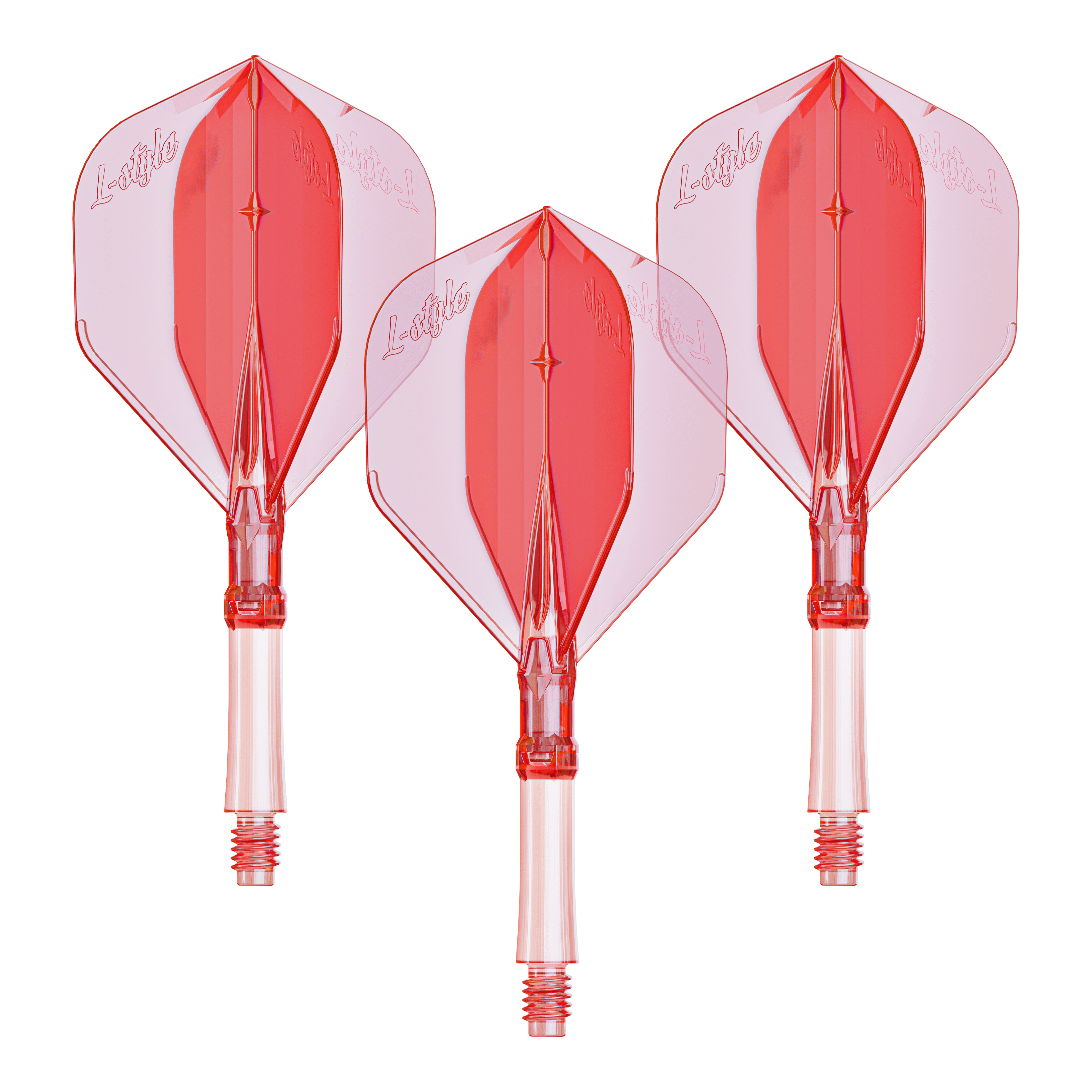 L-Style L-System Flights - Clear Red Das Bild zeigt ein Set L-Style L-System Flights in klarrot, kleine Größe 190. Das Produkt wird als Dartzubehör verwendet.