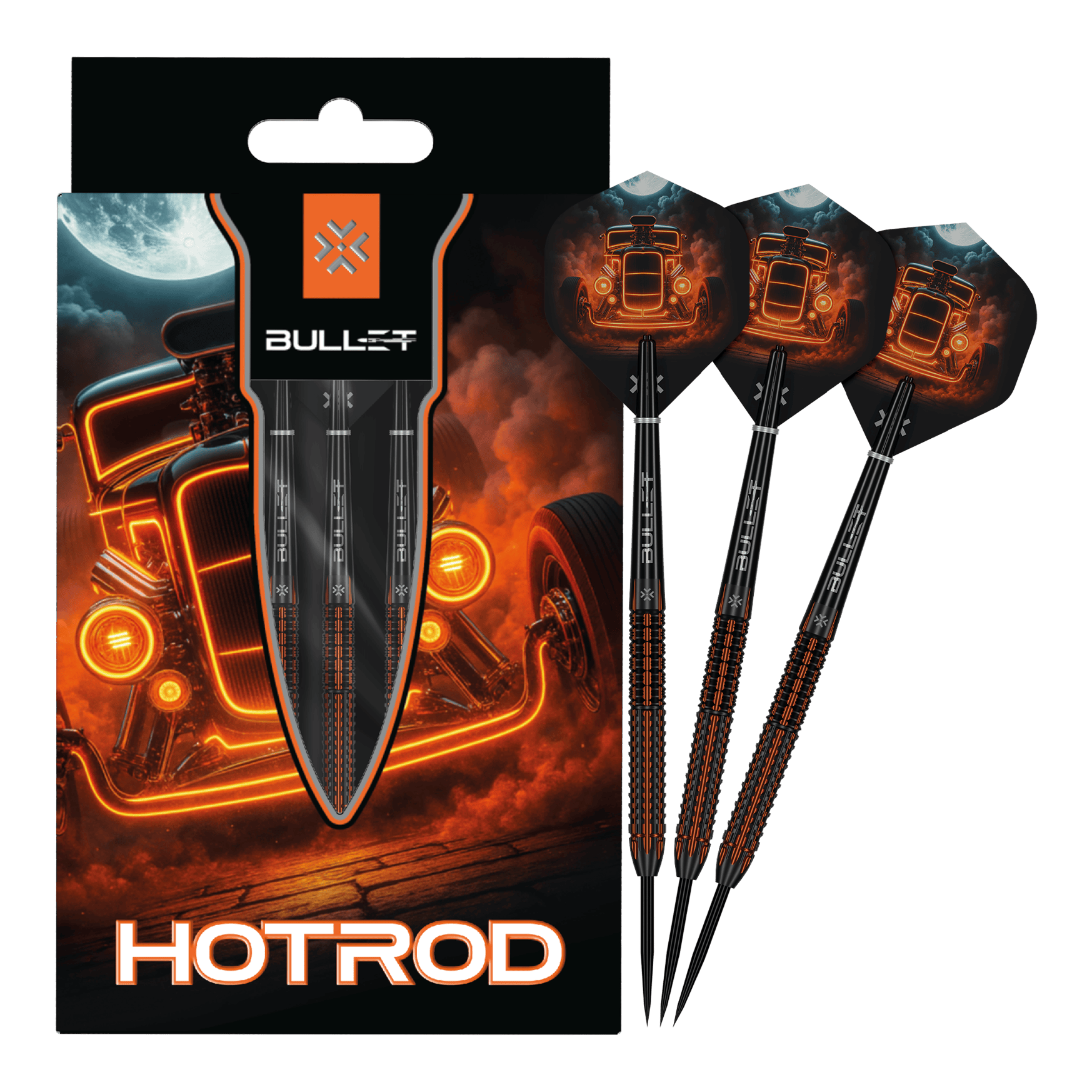 Bullet Hotrod Steel Darts Bullet Hotrod Steeldarts sind zu sehen. Das Bild zeigt das vollständige Set der Steeldarts.