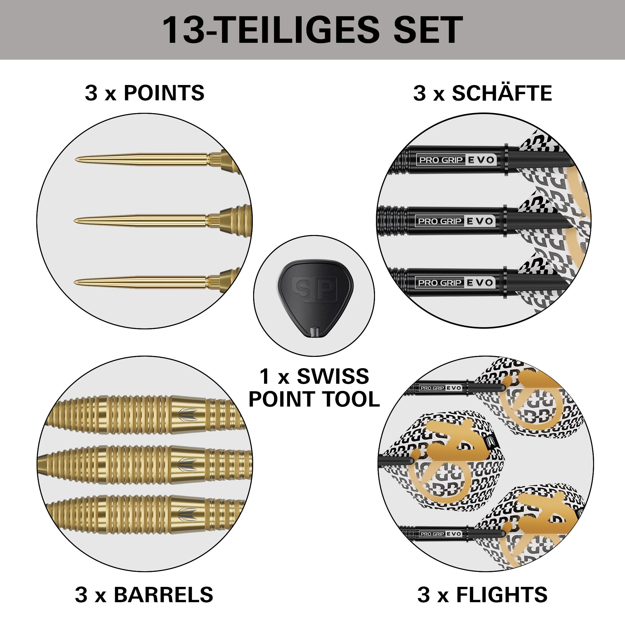 Das Bild zeigt die Target Bolide Envy 05 Swiss Point Steeldarts. Die Darts liegen deutlich sichtbar auf einem dunklen Hintergrund.