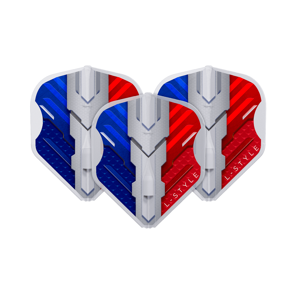 Das Bild zeigt drei Dartflights in den Farben Blau, Weiß und Rot, die die französische Flagge darstellen. Auf den Flights steht der Markenname "L-Style" und sie haben ein modernes, technisches Design.