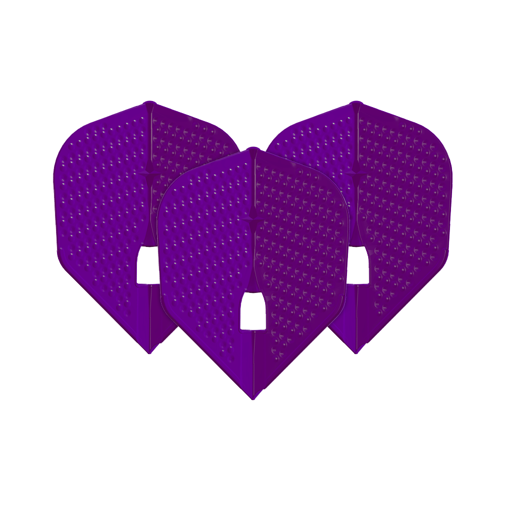 Das Bild zeigt drei lila Dart-Flights in einem speziellen Shape-Design mit kleinen Dellen. Es handelt sich um das Produkt "L-Style Flights Dimple Champagne L3PRO Shape".