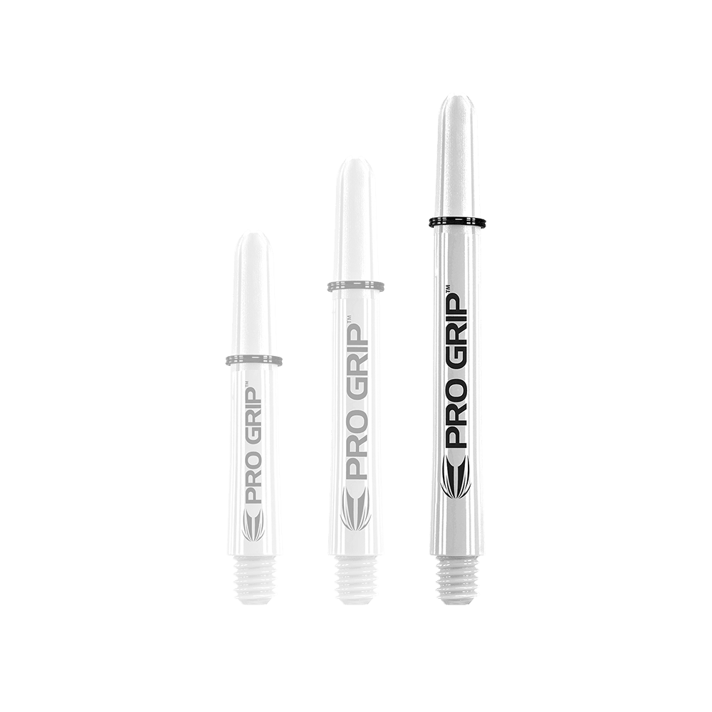 Target Pro Grip Shafts - 3 Sets - Red Blue White Das Bild zeigt drei unterschiedlich lange, weiße Dart-Schäfte mit der Aufschrift "PRO GRIP". Sie stehen nebeneinander aufrecht vor weißem Hintergrund.