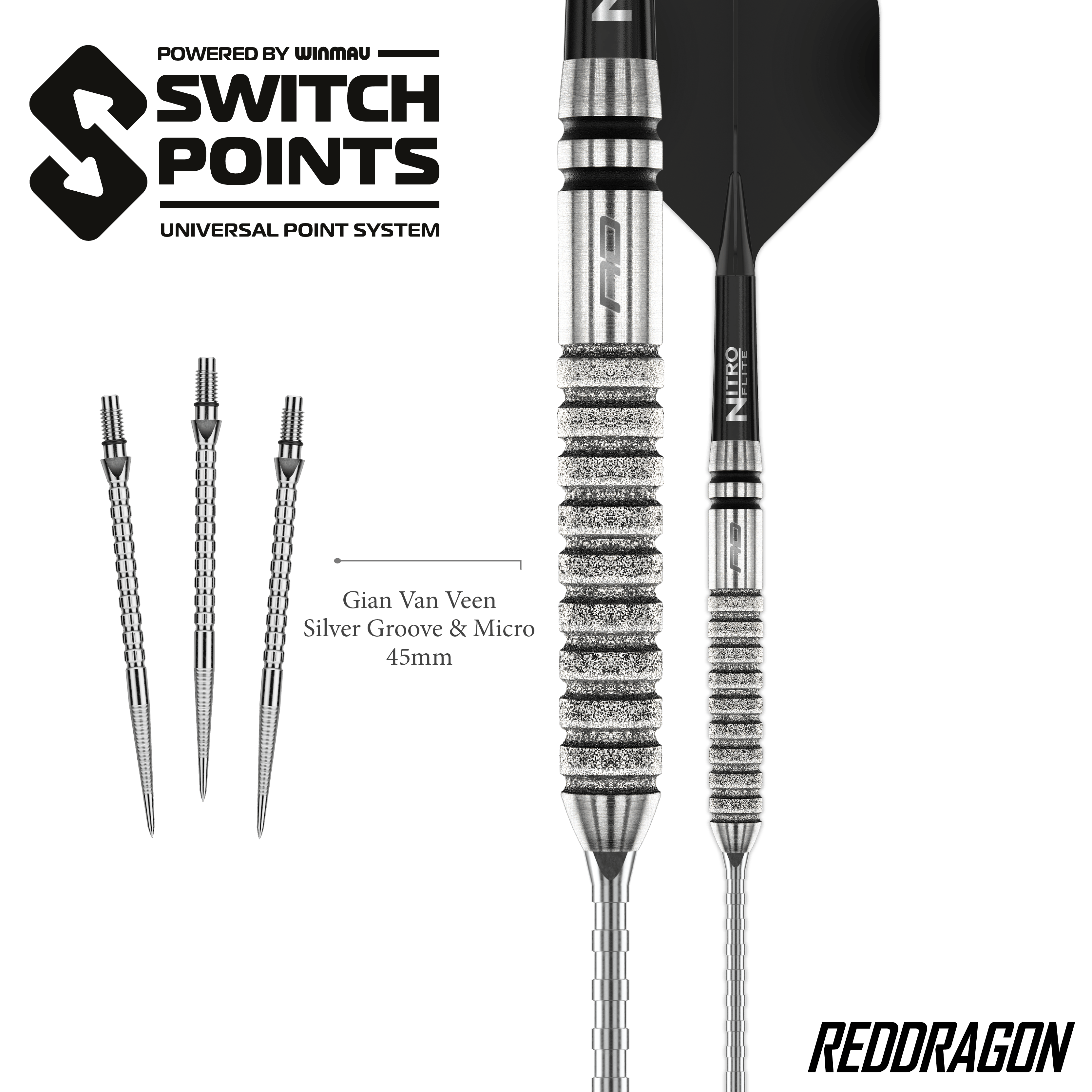 Gezeigt werden die Red Dragon Gian Van Veen Tour Edition Switch Point Steeldarts - 21g aus einer anderen Perspektive. Das Design ist sportlich und funktional.