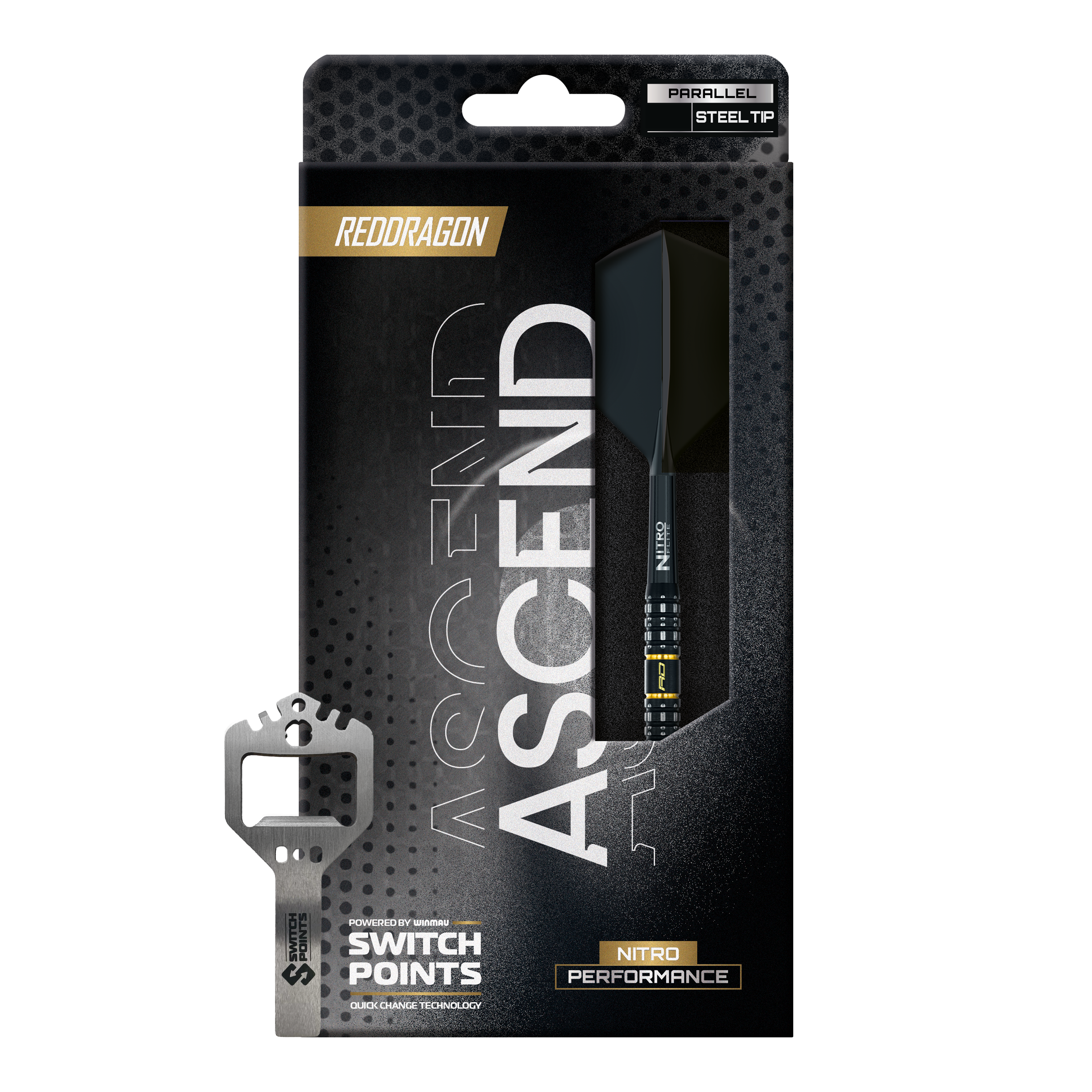 Zu sehen sind drei Red Dragon Ascend Parallel Switch Point Steeldarts gruppiert in einer Reihe. Die Darts heben ihre hochwertige Verarbeitung hervor.