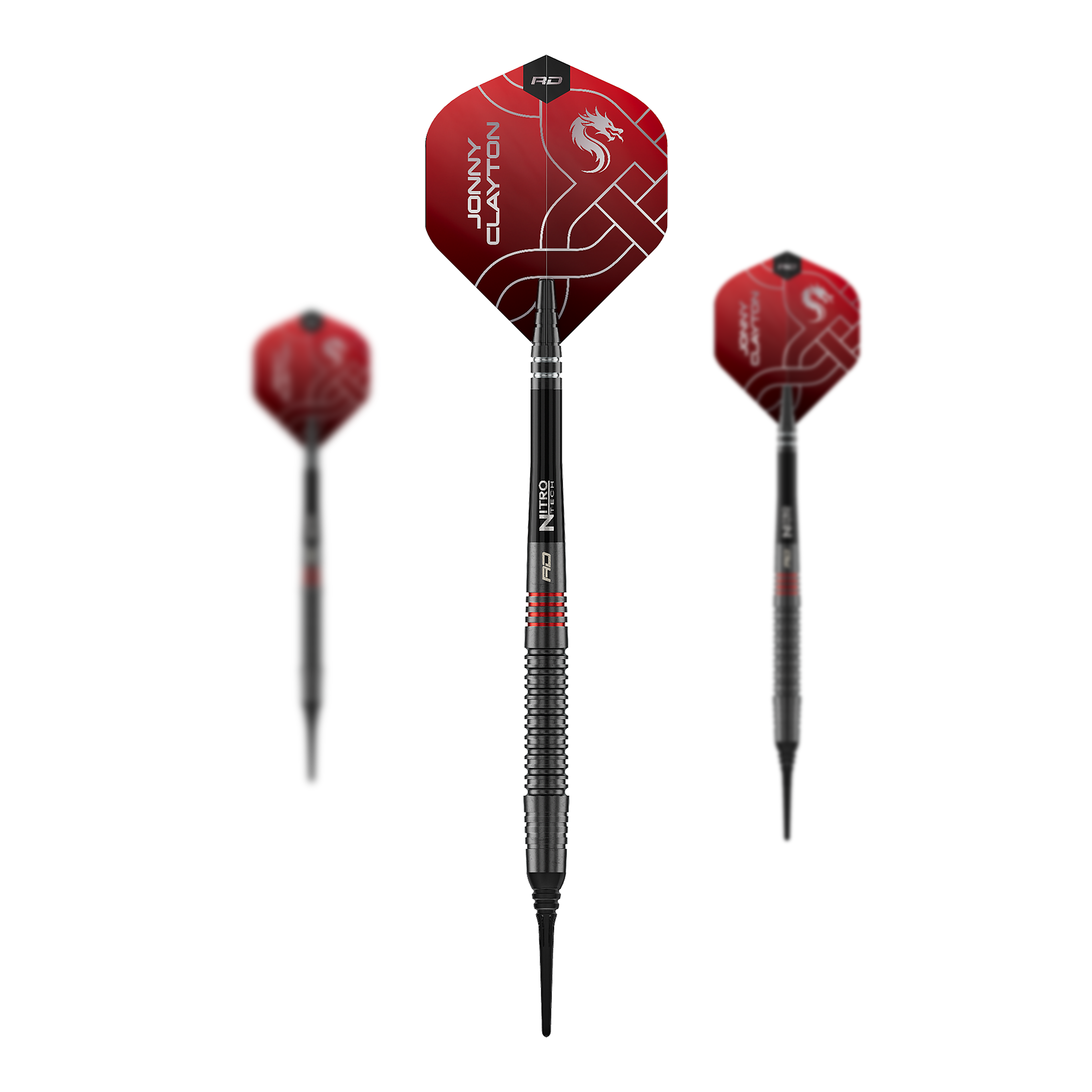 Red Dragon Jonny Clayton RD-ADV soft darts - 18g Auf dem Foto ist das Set der Red Dragon Jonny Clayton RD-ADV Softdarts - 18g zu sehen. Drei Softdarts liegen nebeneinander als Set.