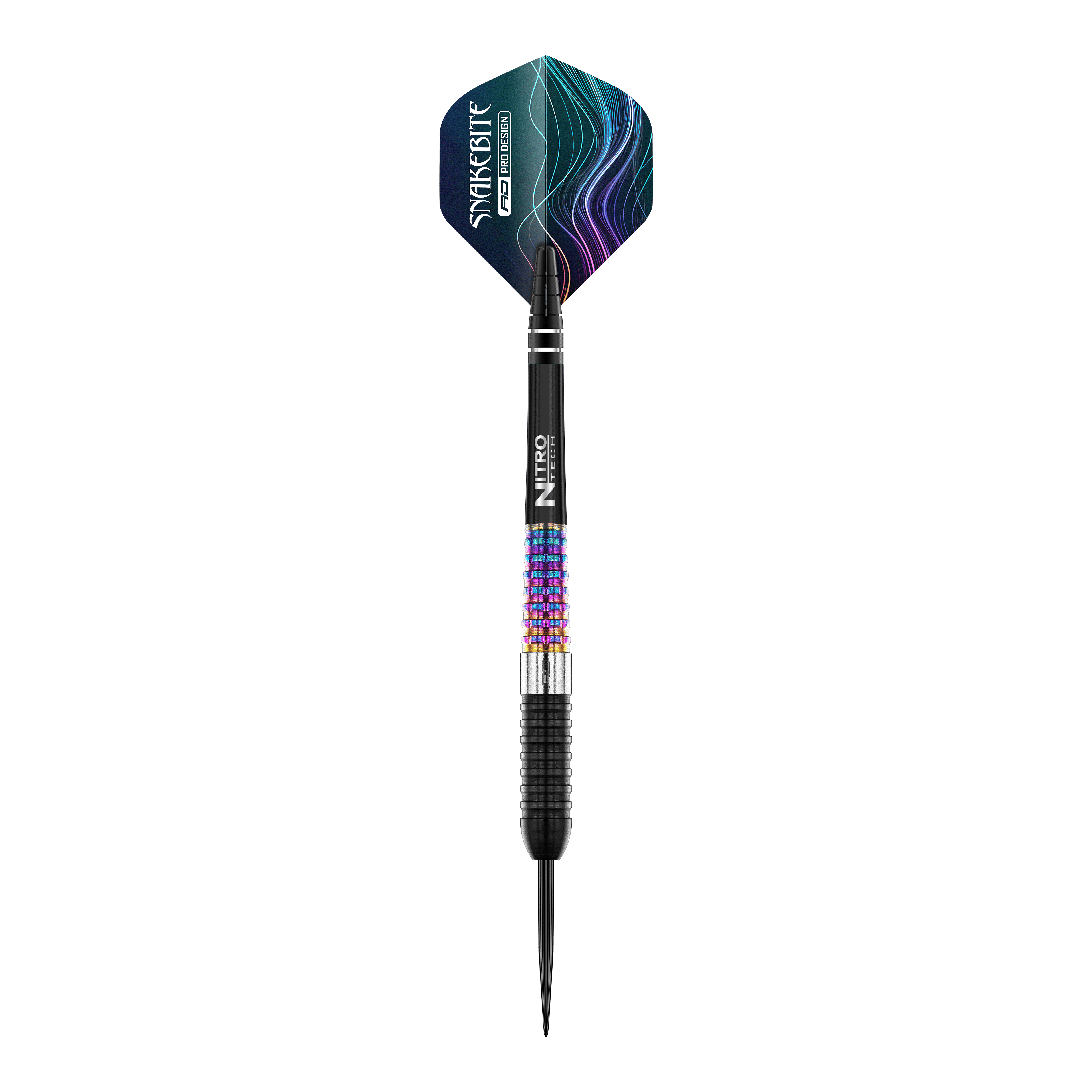 Red Dragon Peter Wright Corra steel darts Auf dem Bild ist ein Red Dragon Peter Wright Corra Steeldart zu sehen. Der Dart hat bunte, strukturierte Griffbereiche und ein auffälliges Flight-Design mit blauen und violetten Linien.