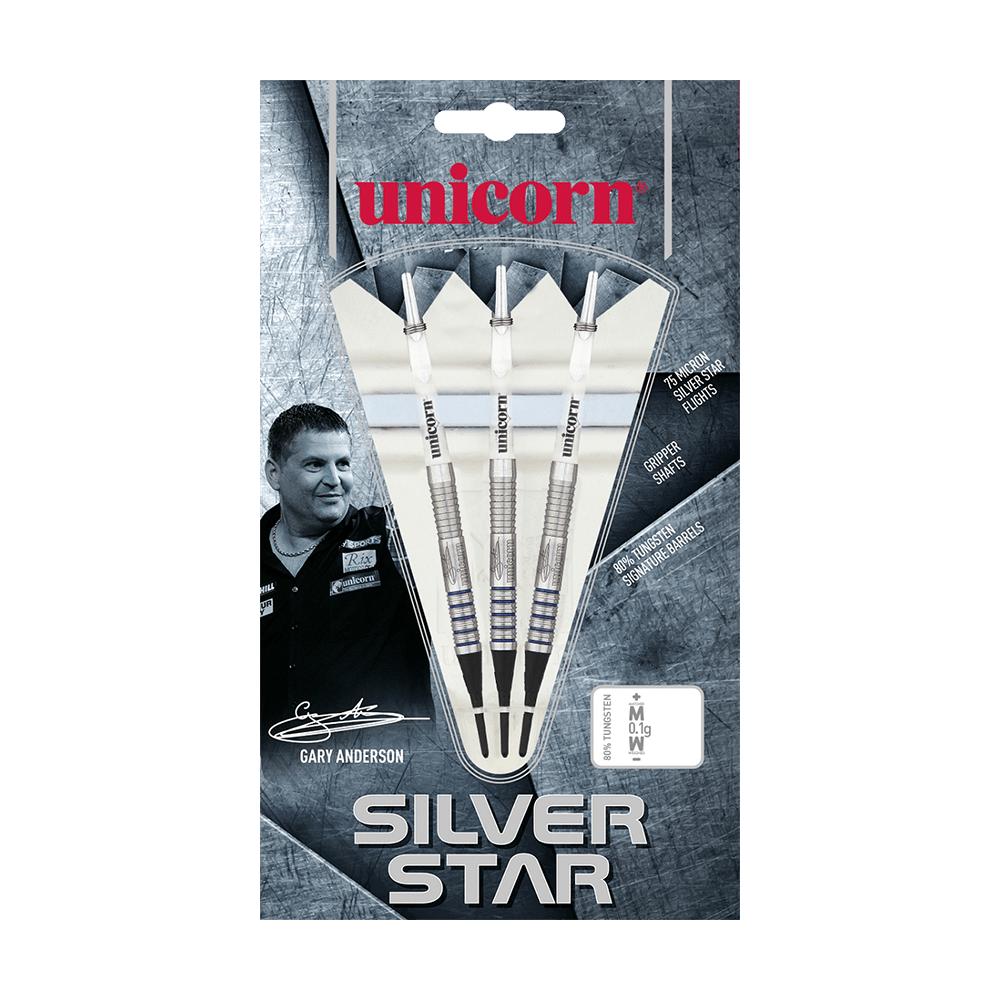 Das Bild zeigt eine Packung „Unicorn Silver Star Var.2 Gary Anderson Softdarts“. Auf der Verpackung sind drei Softdarts und ein Foto von Gary Anderson abgebildet.
