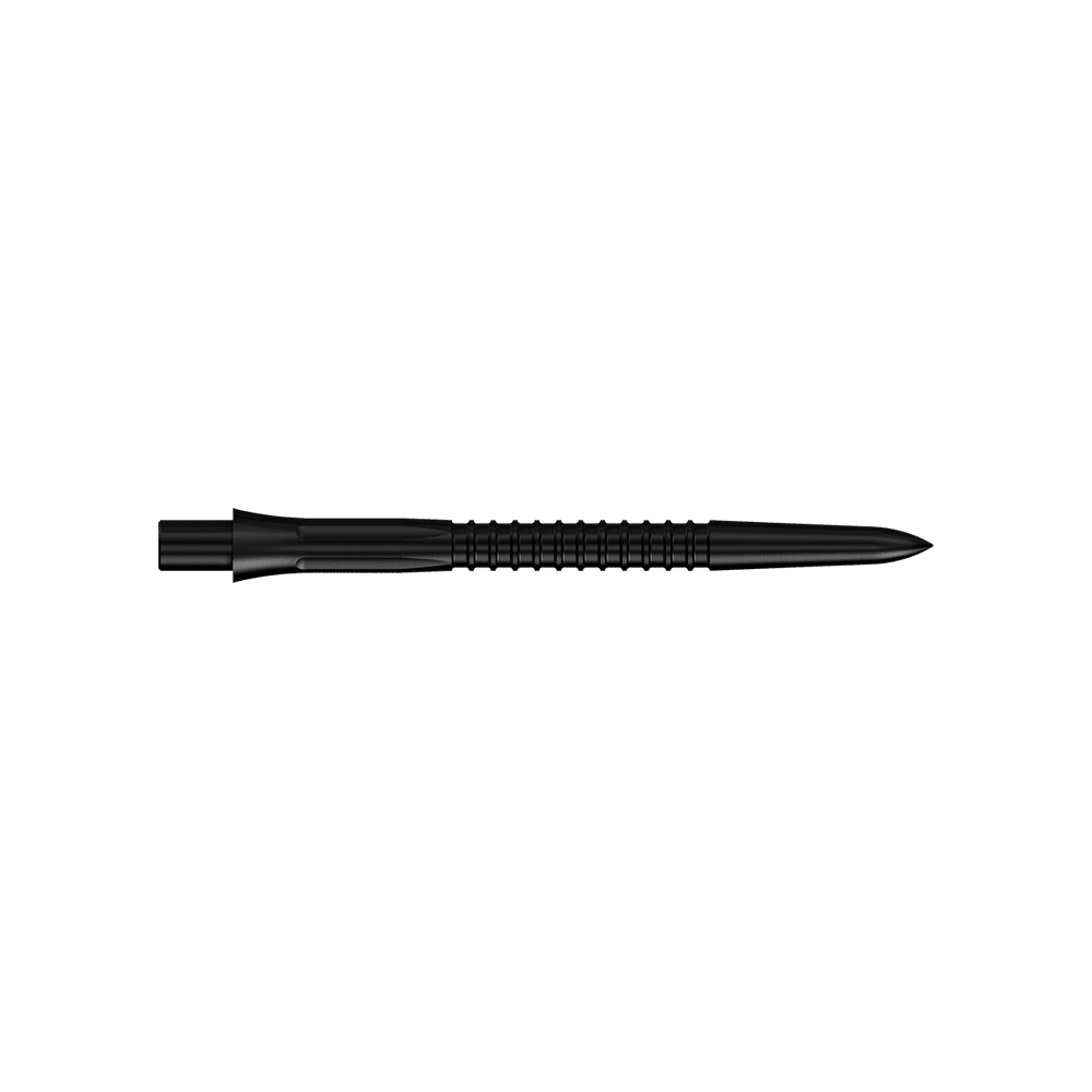 Mission Caliburn EVO Dart Tips GV1 - Black Schwarze Steeldartspitzen, 32 mm lang aus der Misson Caliburn EVO GV1 Serie. Die Aufnahme zeigt zwei Dartspitzen nebeneinander.