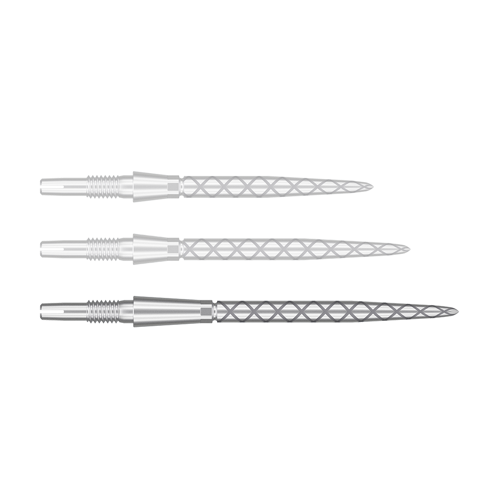 Target Swiss Storm Diamond Point Dart Tips - Silver Das Bild zeigt drei silberne Dartspitzen mit einem Rautenmuster auf der Spitze. Sie sind nebeneinander und parallel ausgerichtet.