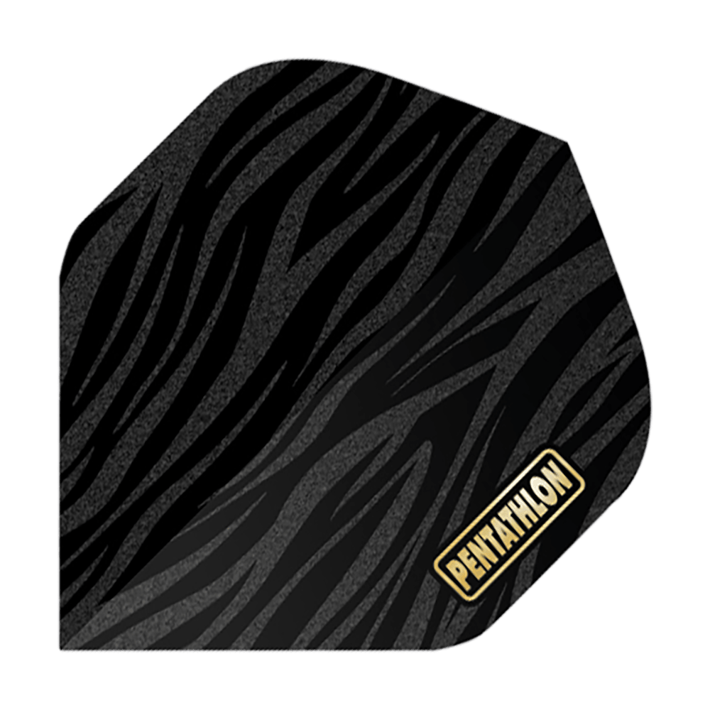Pentathlon Flights RT Zebra Das Bild zeigt ein Dartflight mit einem Zebra-Muster in Schwarz und Grau. In der unteren Ecke steht das Wort "Pentathlon" in gelber Schrift.