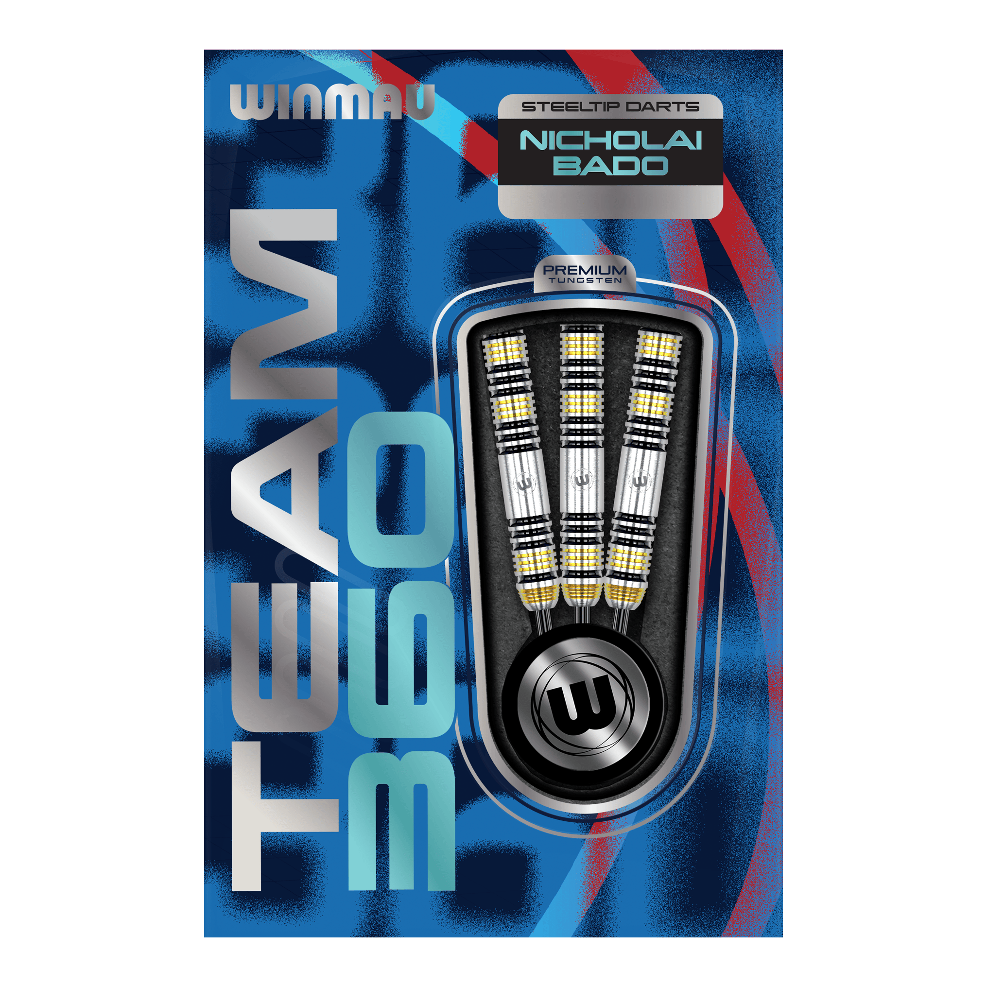 Winmau Team 360 Nicholai Bado Steeldarts - 23g wird gezeigt. Das Foto veranschaulicht den Dartpfeil aus einer anderen Perspektive.