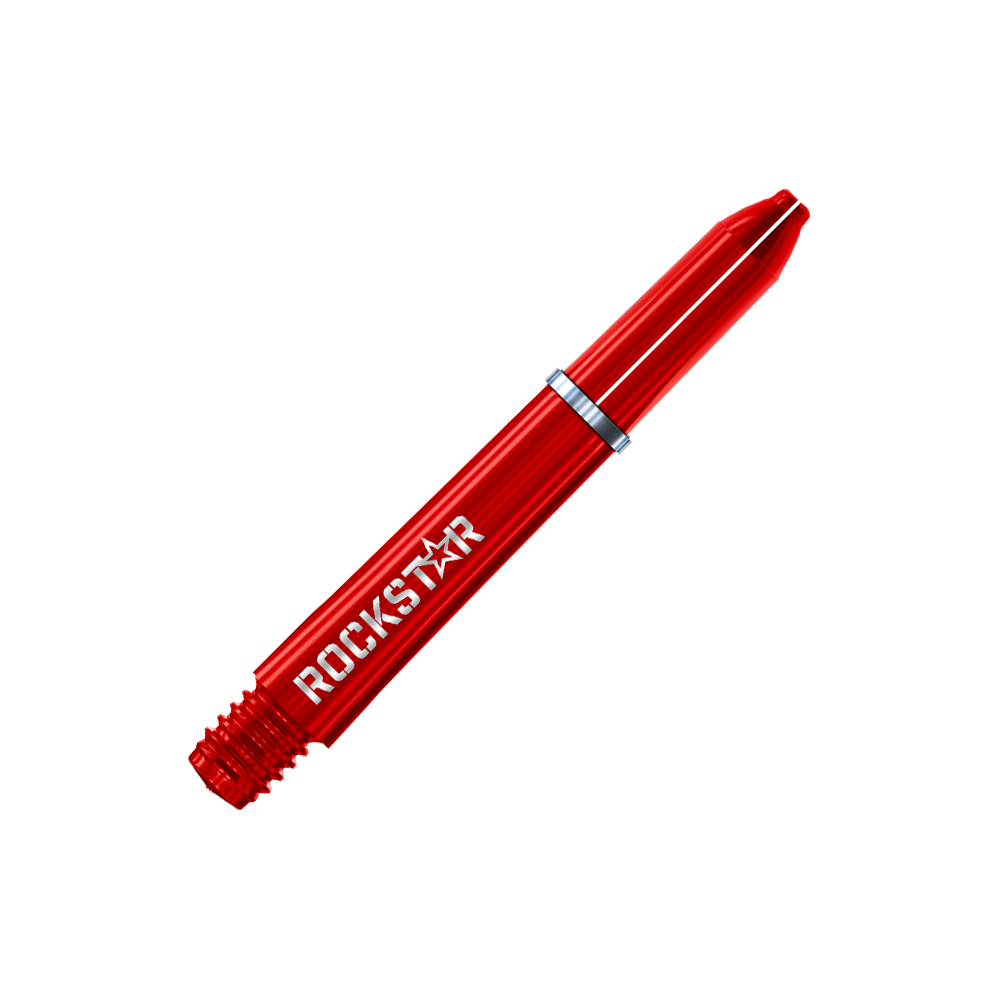 Winmau Joe Cullen Rockstar Nylon Shafts Das Bild zeigt einen roten Dart-Schaft mit der Aufschrift „ROCKSTAR“. Der Schaft hat eine glänzende Oberfläche und einen silbernen Ring in der Mitte.