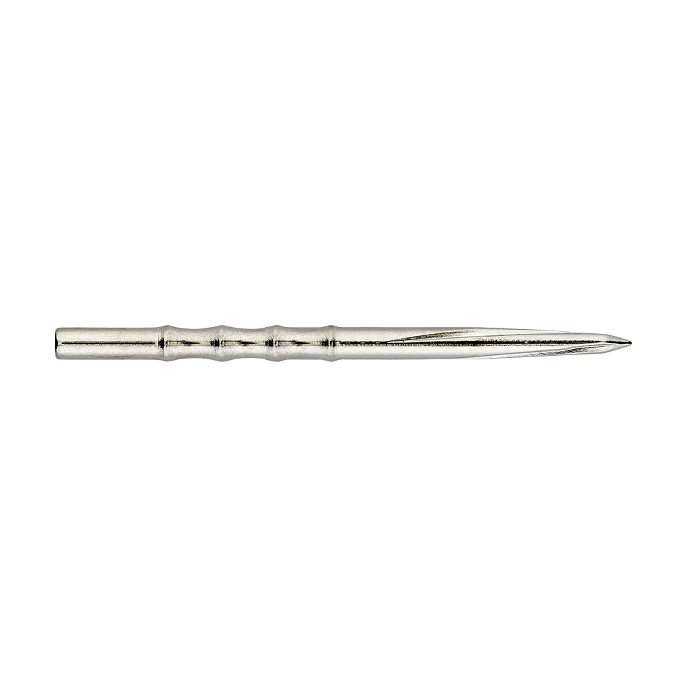 Unicorn Volute Scalloped Steel Dart Tips Das Bild zeigt eine silberne Steeldartspitze mit einem gerillten Design. Die Spitze ist schlank und hat eine profilierte, leicht gewellte Oberfläche.