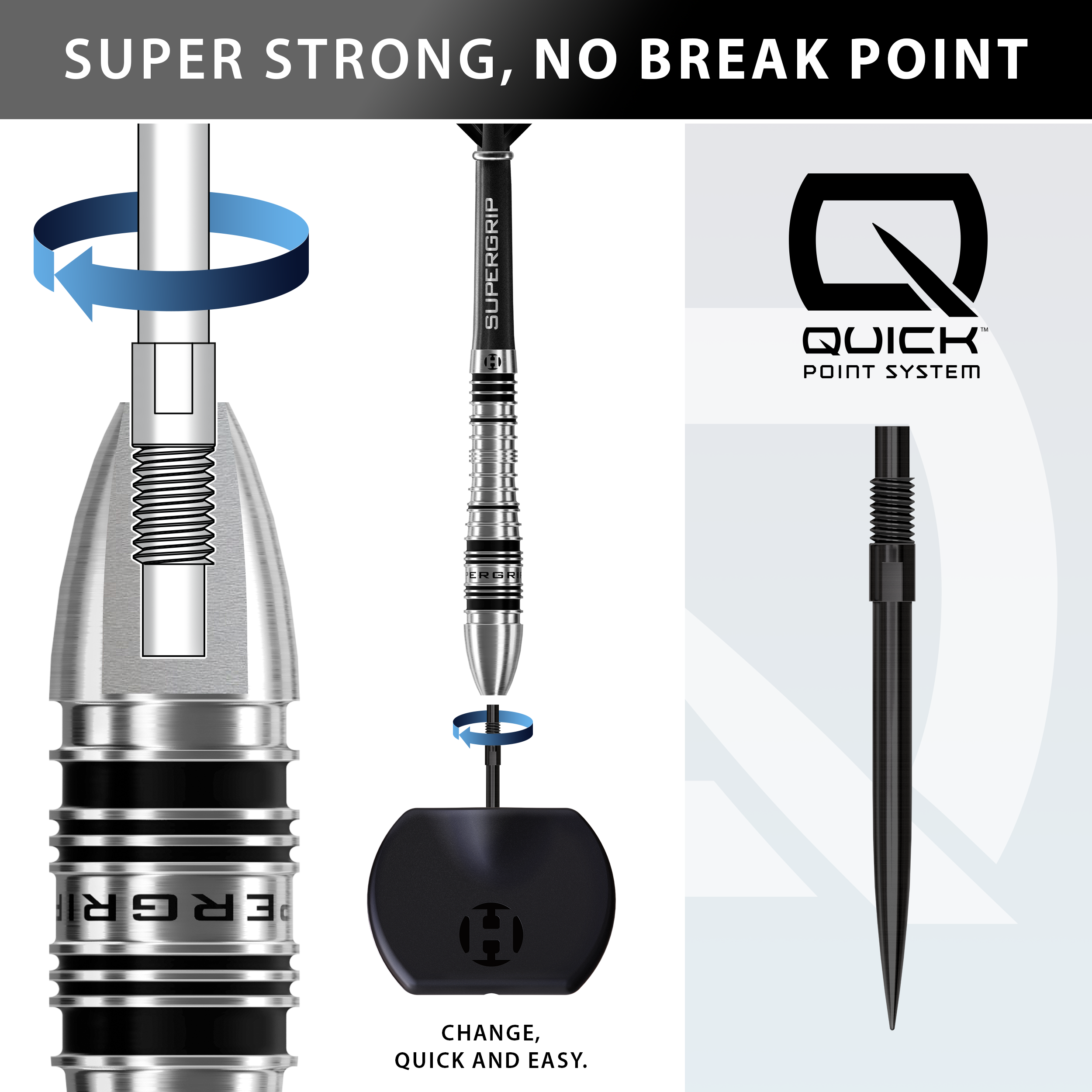 Harrows Supergrip Bomb Quick Point Steel Darts Auf dem Bild sieht man die Harrows Supergrip Bomb Quick Point Steeldarts. Diese Darts sind ideal für ambitionierte Dartspieler.