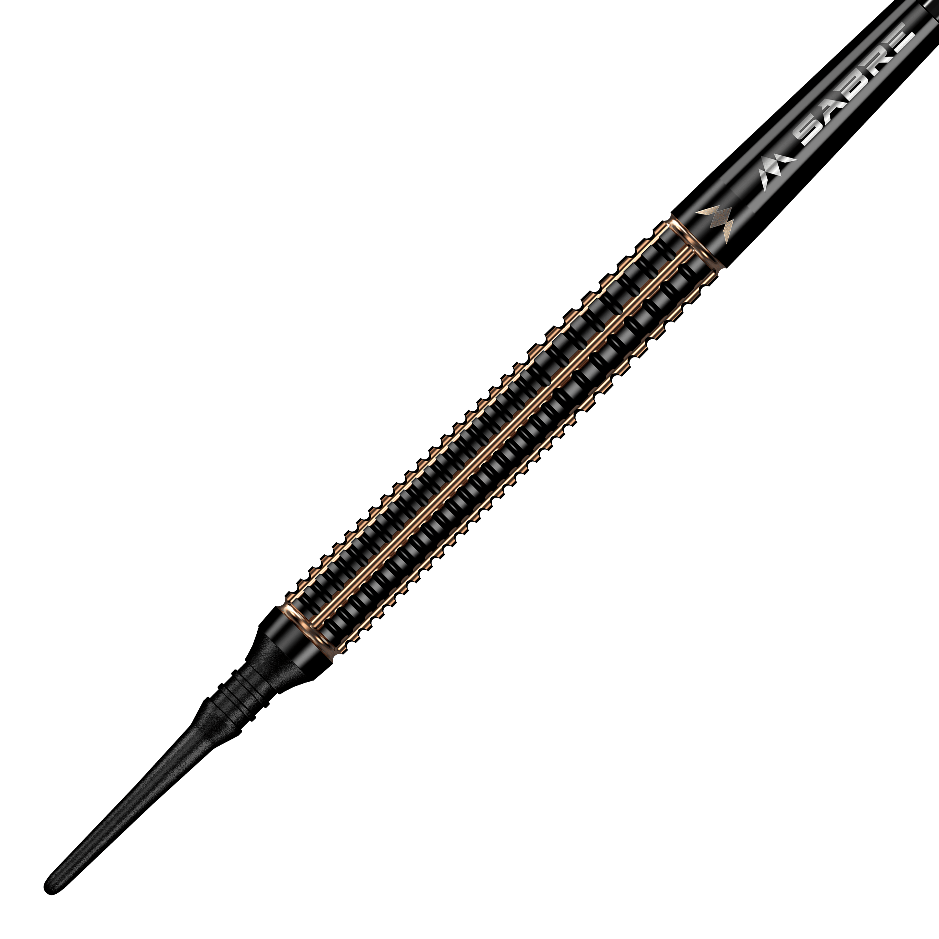 Mission Scorpion soft darts - 19g Das Bild zeigt einen Mission Scorpion Softdart mit einem Gewicht von 19 Gramm. Der Dart hat ein elegantes, schwarzes Design mit goldfarbenen Akzenten.
