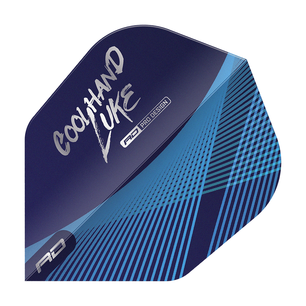 Red Dragon Luke Humphries Coolhand Blue Silver No6 Flights Das Bild zeigt ein Dartflight in Blau mit silbernen und blauen Linien. Auf dem Flight steht der Schriftzug „Coolhand Luke“ und das Logo „RD Pro Design“.