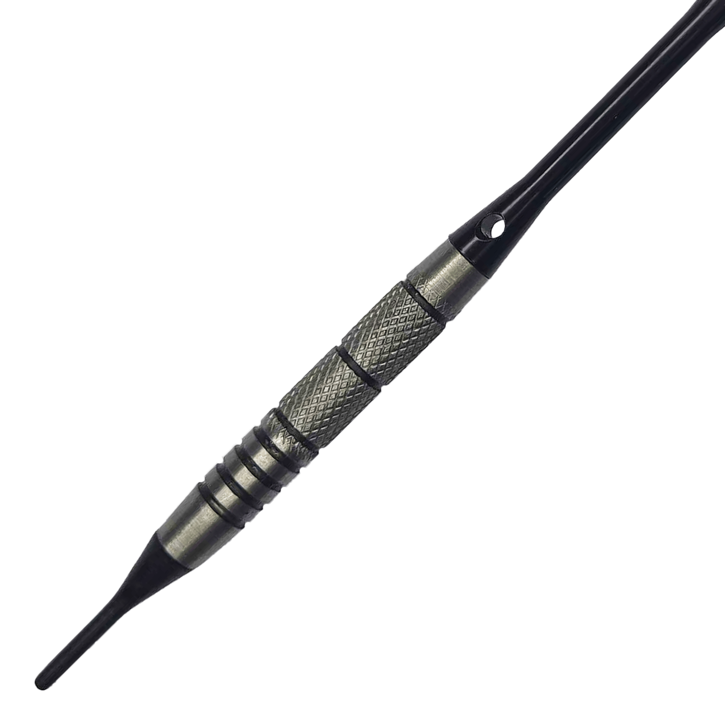 McDart 85 Tungsten V9 soft darts - 17.5g Auf dem Bild ist ein McDart 85er Tungsten V9 Softdart mit einem Gewicht von 17,5 g zu sehen. Der Dartpfeil hat eine metallische Griffzone mit feiner Riffelung für besseren Halt.