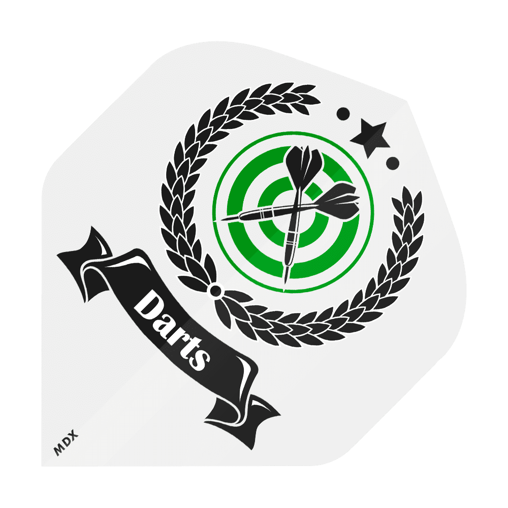 MD-401-4SLog_4-seitig_Bedruckte_Flights_Logo_MDX_2 Mehrere Dart-Flights mit farbigen Aufdrucken liegen nebeneinander. Das Logo ist in der Mitte der Flights platziert.