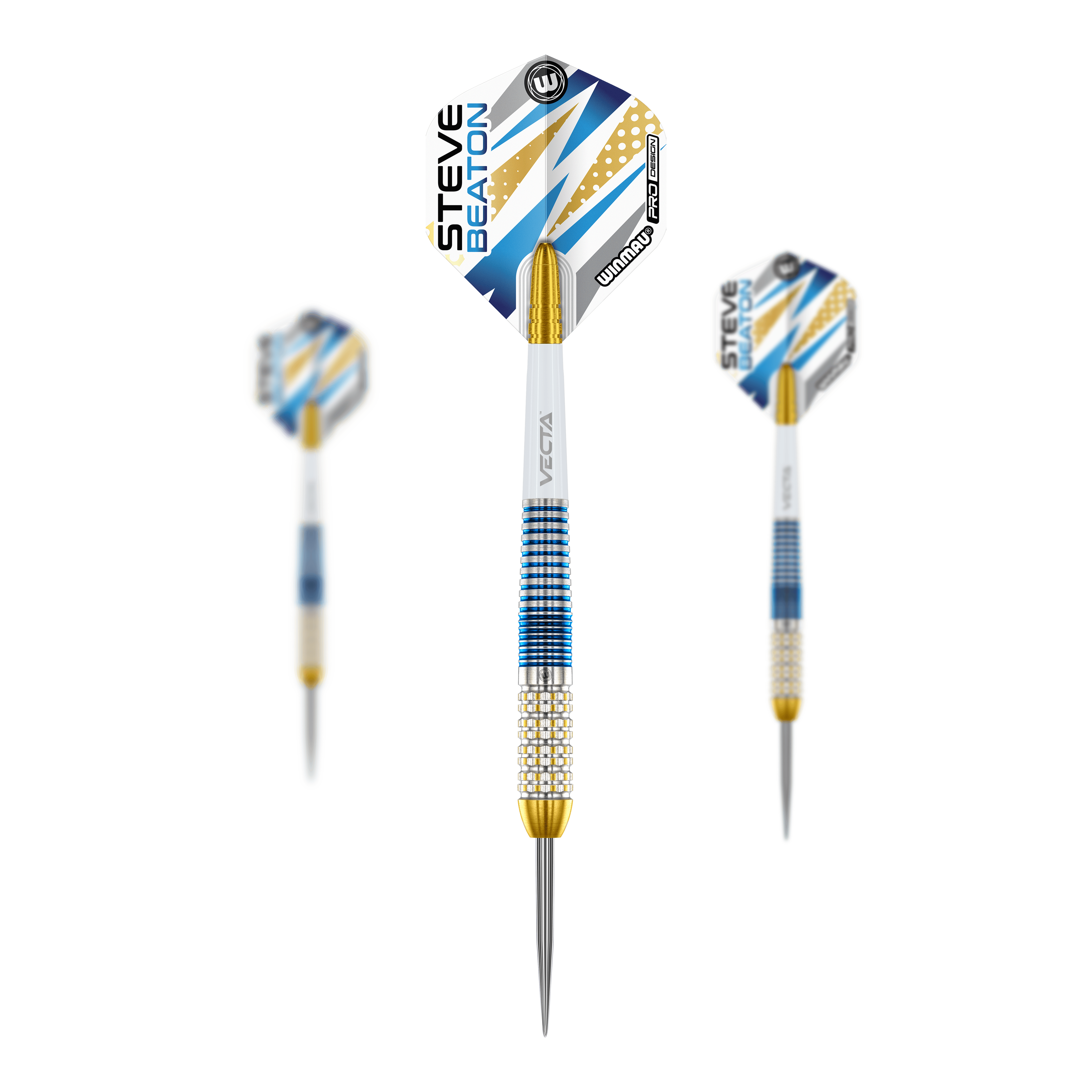 Winmau Steve Beaton Legend Series Steeldarts Das Bild zeigt drei Steeldarts der Marke Winmau aus der Steve Beaton Legend Series. Die Darts haben blaue, weiße und goldene Akzente sowie einen Pfeil mit „Steve Beaton“ Schriftzug auf dem Flight.