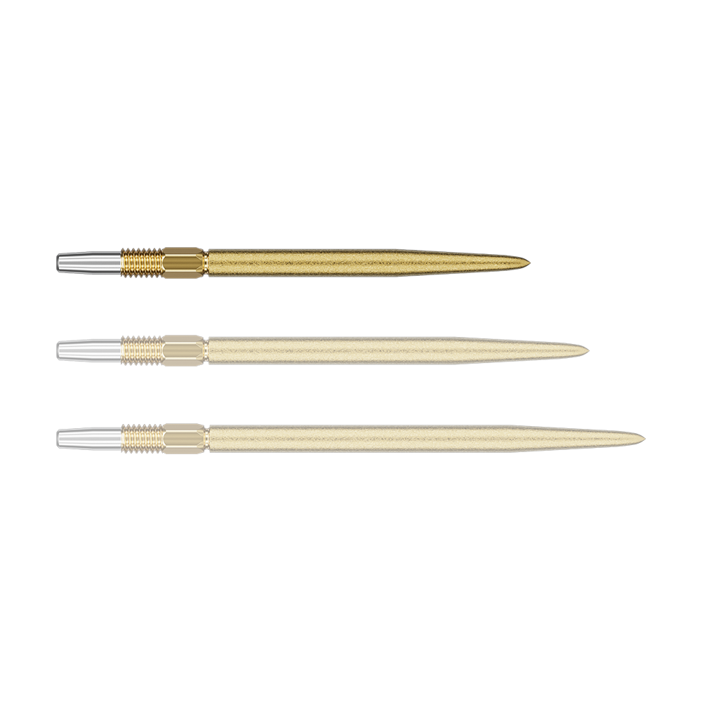 Target Swiss Point SLK dart tips - gold Das Bild zeigt drei goldene Dartspitzen mit silbernem Gewinde. Die Dartspitzen sind in unterschiedlichen Perspektiven angeordnet.