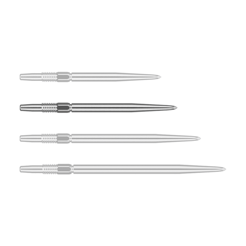 Target Swiss Point Silver dart tips Das Bild zeigt vier silberne Dartspitzen, die nebeneinander liegen. Sie sind lang, schmal und haben ein geriffeltes Stück am oberen Ende.