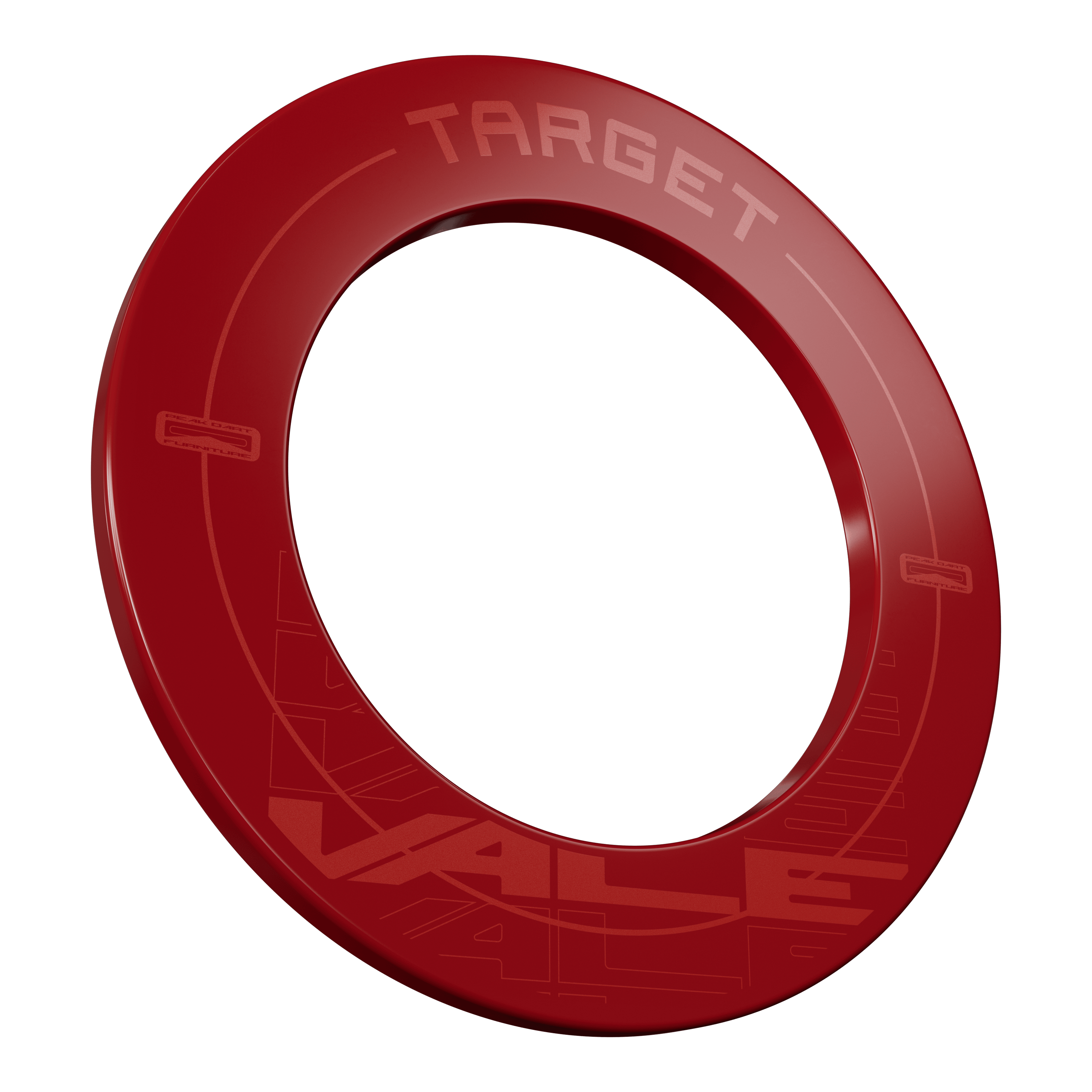 Target VALE Dartboard Surround Das Bild zeigt das Produkt "Target VALE Dartboard Surround" in einem kräftigen Rotton. Es handelt sich um einen runden Schutzring für eine Dartscheibe mit der Aufschrift "TARGET" und "VALE".