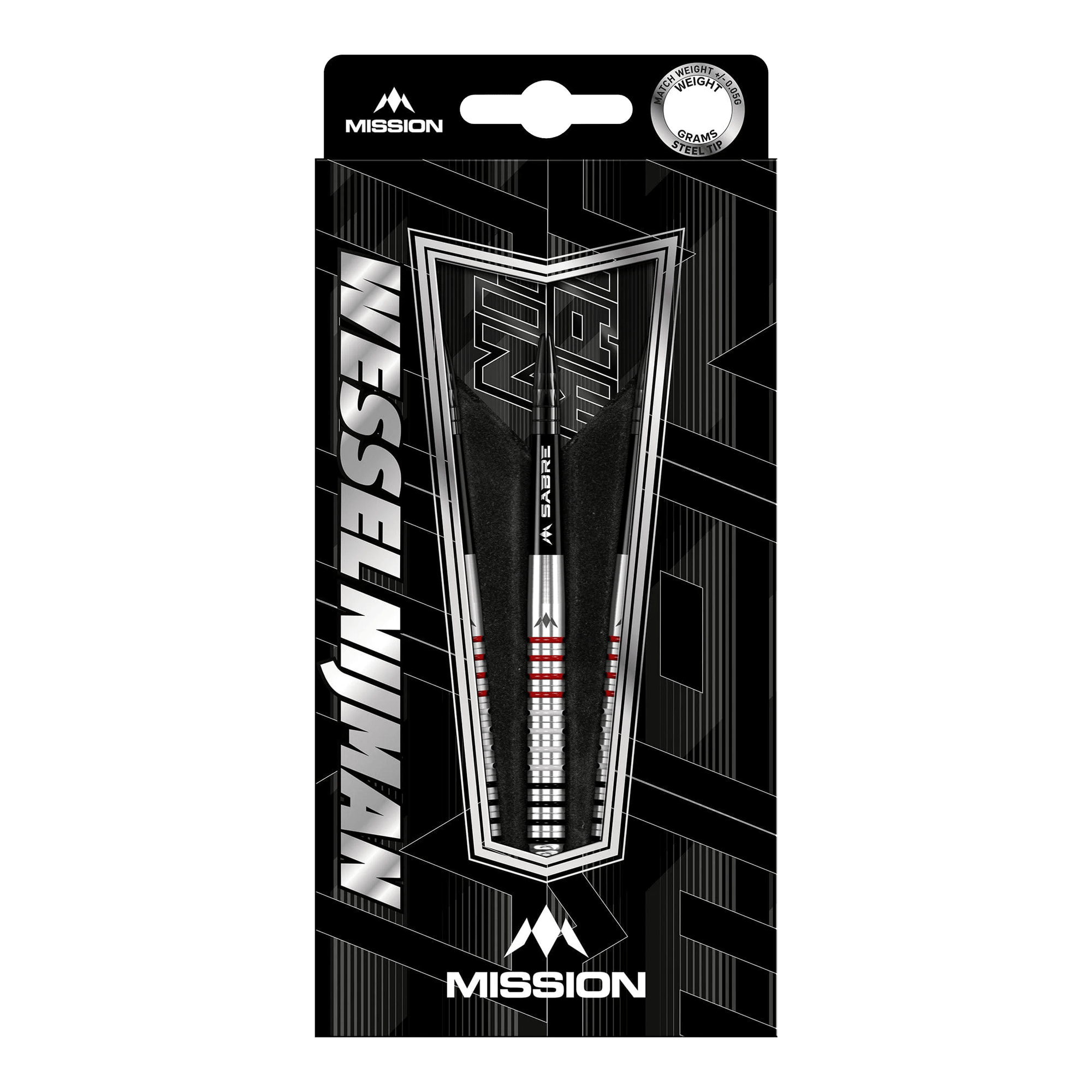 Mission Wessel Nijman steel darts - 23g Die Abbildung zeigt die Mission Wessel Nijman Steeldarts mit einem Gewicht von 23 Gramm in ihrer Verpackung. Die Darts sind silberfarben mit schwarzen und roten Akzenten gestaltet und tragen das Mission-Logo.