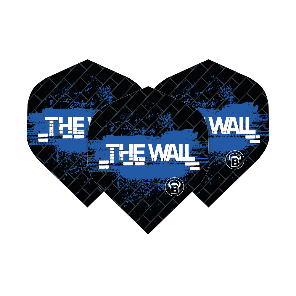 Bulls B-Star Martin Schindler Black Blue No2 Standard Flights Das Bild zeigt drei schwarze Dart-Flights mit blauen Akzenten und der Aufschrift „THE WALL“. Es handelt sich um die Bulls B-Star Martin Schindler Black Blue No2 Standard Flights.