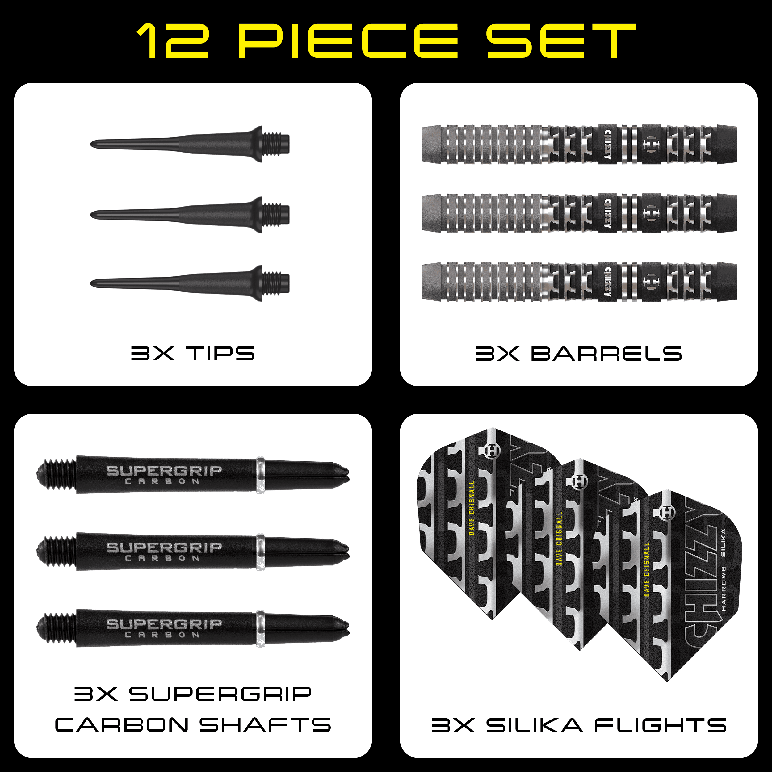 Harrow's Dave Chisnall Chizzy Series 4 soft darts Zu sehen sind die Harrows Dave Chisnall Chizzy Series 4 Softdarts. Diese Softdarts bieten eine ausgezeichnete Qualität für Dartliebhaber.