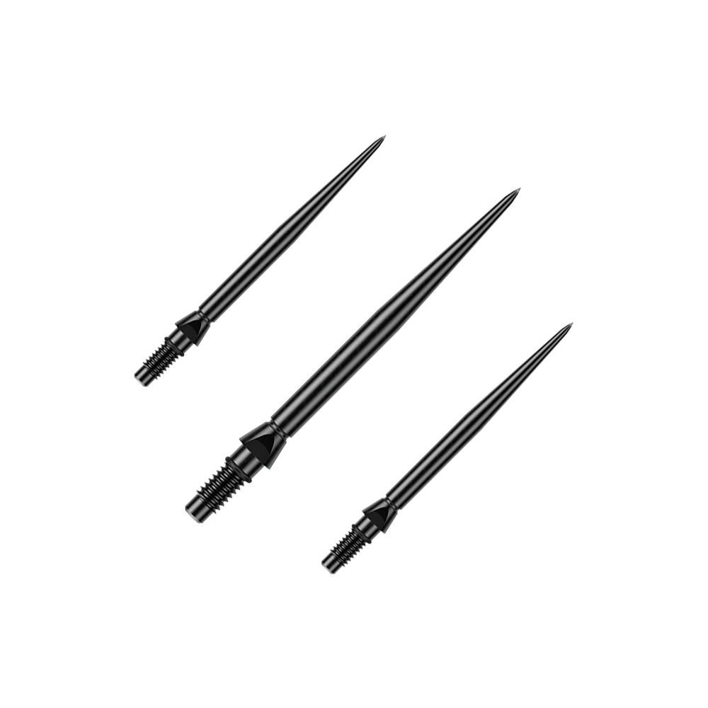 Winmau Switch Point Smooth Steel Dart Tips - Black Auf dem Bild ist ein Set schwarzer glatter Steeldartspitzen von Winmau zu sehen. Die Spitzen sind 26mm lang.