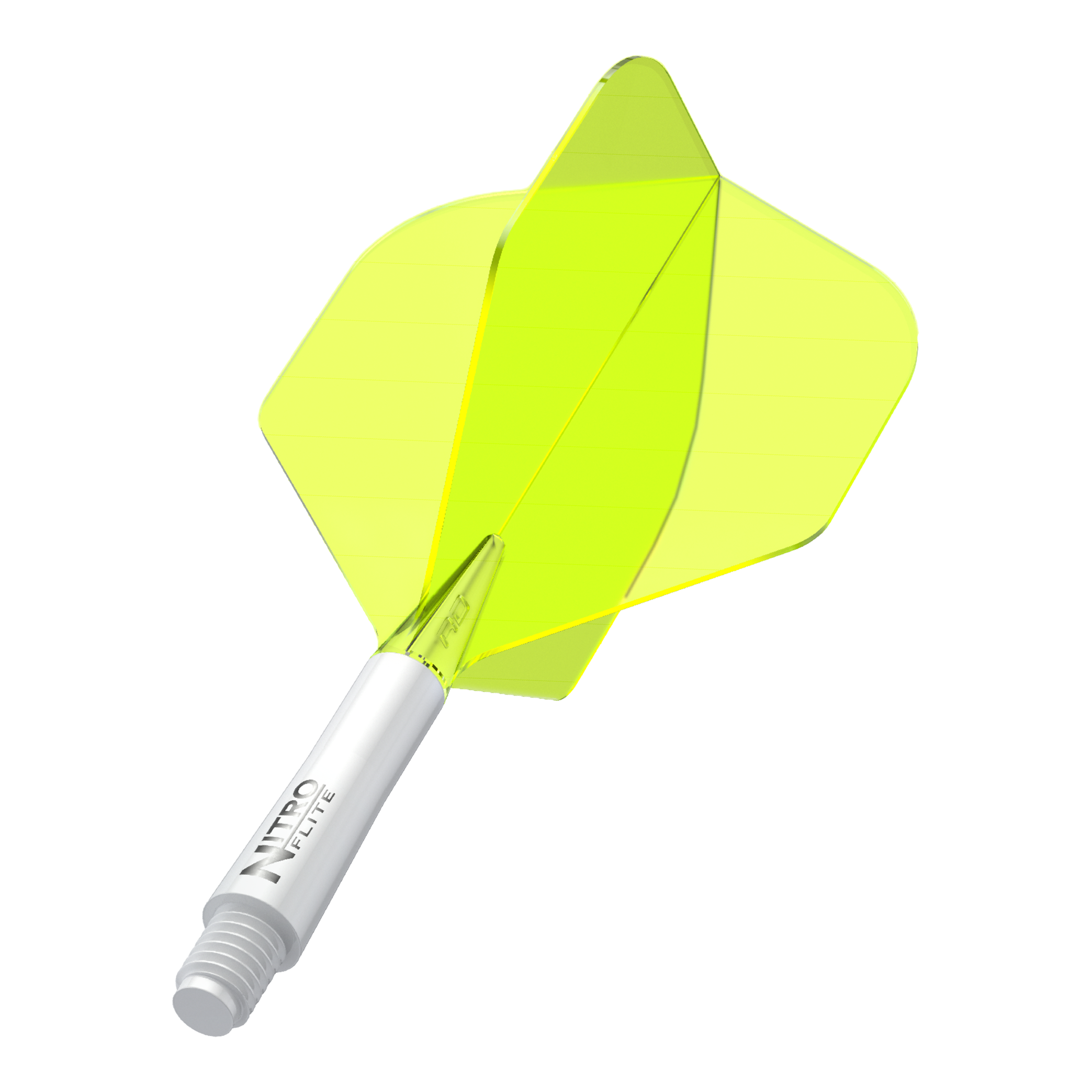 Red Dragon Nitroflite - White Shaft Yellow No2 Flights Das Bild zeigt einen gelben Dartflight mit einem weißen Schaft. Auf dem Schaft steht der Text "NITRO FLITE".
