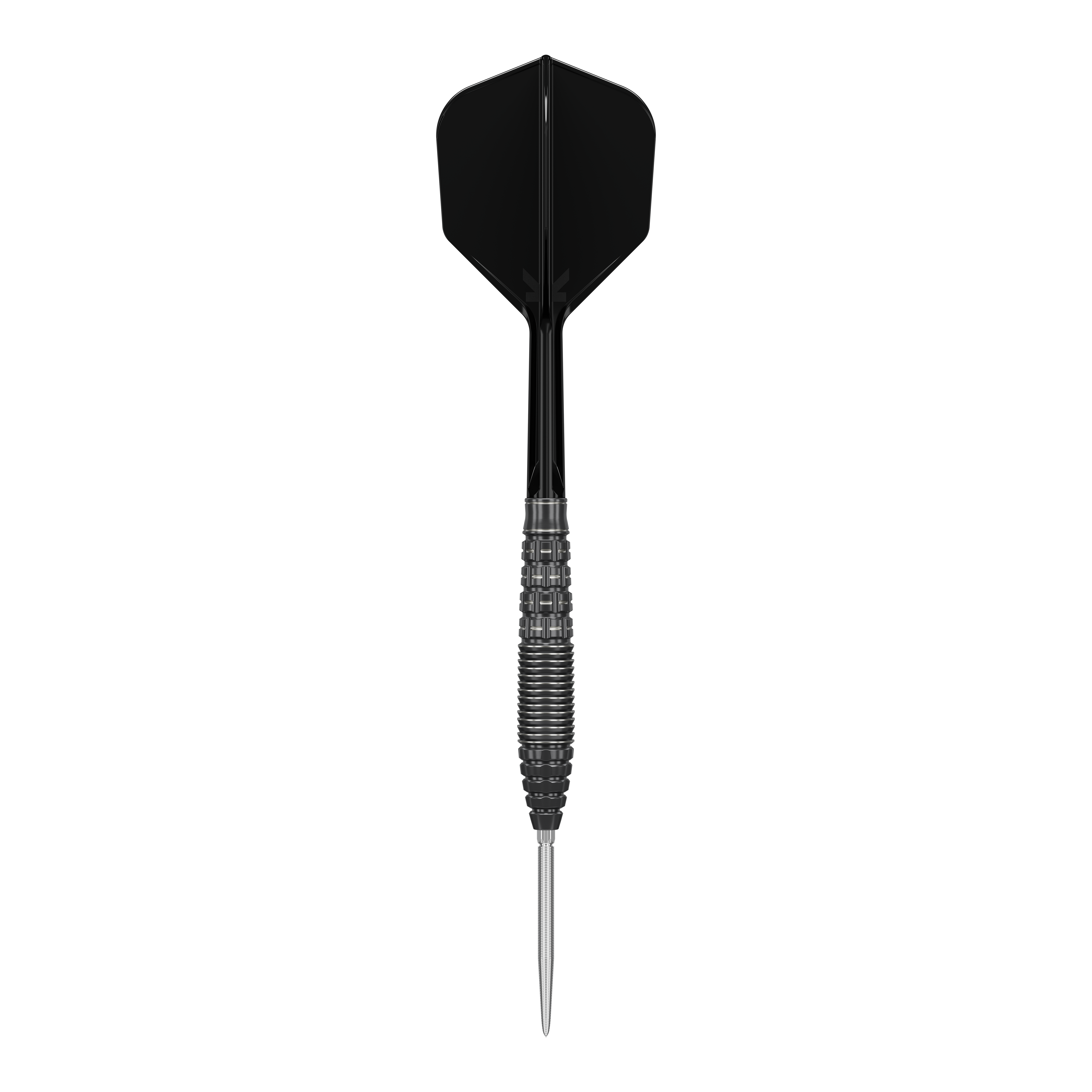 Target Japan Black Marque Phantom Swiss Point Steel Darts Das Bild zeigt einen eleganten, schwarz-silbernen Steeldartpfeil mit metallischer Spitze. Es handelt sich um das Modell "Target Japan Black Marque Phantom Swiss Point Steeldarts".