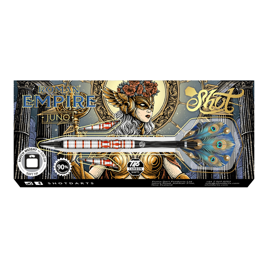 Shot Roman Empire Juno soft darts Das Bild zeigt die Verpackung der Shot Roman Empire Juno Softdarts. Auf der Verpackung ist ein kunstvolles Design mit einer Kriegerin und auffälligen Farben abgebildet.
