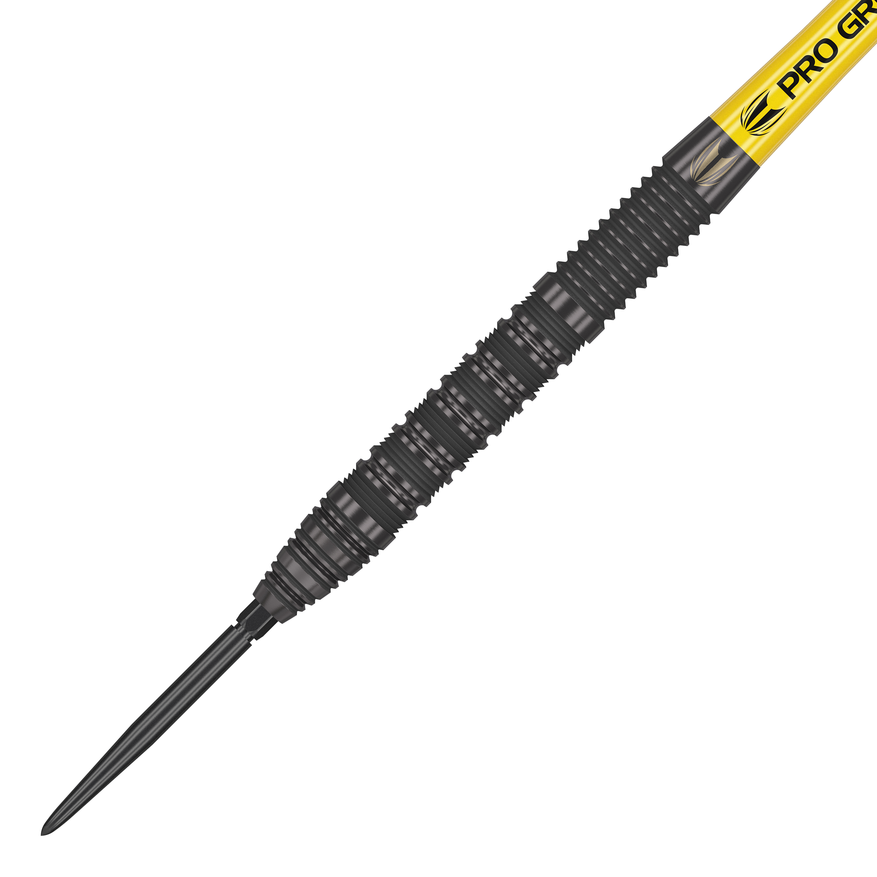 Target Bolide Void 01 Swiss Point Steeldarts Das Bild zeigt einen Target Bolide Void 01 Swiss Point Steeldart. Der Dartpfeil hat ein schwarzes, strukturiertes Griffdesign und eine gelbe Beschriftung am Schaft.